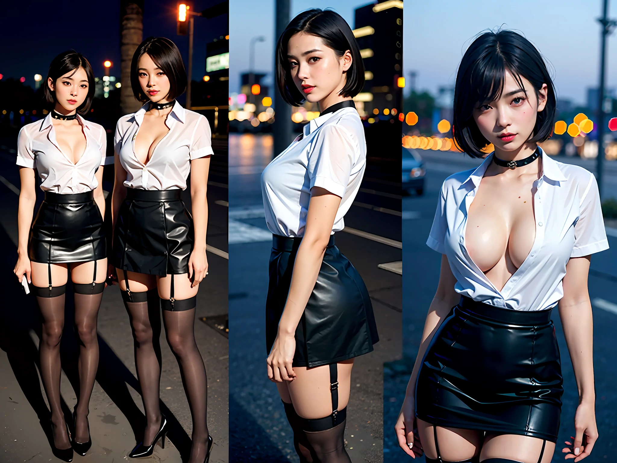 (8k, RAW photos, highest quality). (Photorealistic: 1.25). Japanese. Pitiable. 1 female. Black hair bob. Tokyo's cityscape. Night. Professional lighting. Photon mapping. Radio City. Big tits. Office casual. Uniform. Ultra micro mini skirt. The tips of the are sticking out. The shape of the pubic area is clearly visible. You can see the cleavage well. The chest is wide open. Neat and clean young lady. Thin eyebrows. Pitch black lip. Pitch black heels. Slender. Garter stockings. Choker.