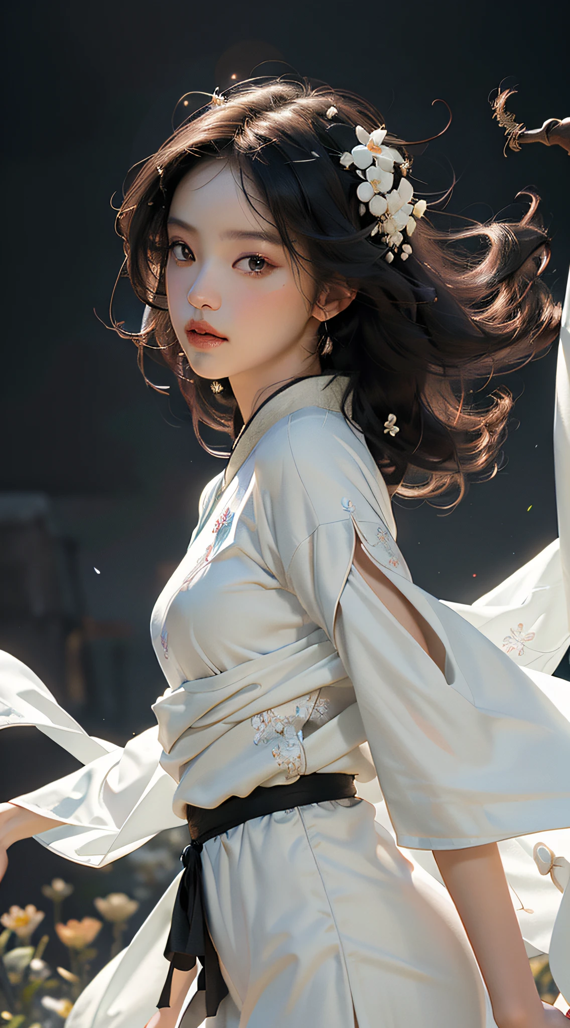 Super high quality, masterpiece, perfect illustration, extreme detail (exquisite light and shadow, highly dramatic picture,) Stroke, 1 girl, solo, ((wearing black and white two-tone Hanfu,)) Flower field 1.4, flowers, (white smoke: 1.3) (realistic:1.4), zen entanglement, tangled, official art, Unity 8k wallpaper, super detailed, beautiful and beautiful, masterpiece, best quality, (dynamic angle: 1.4), glowing skin, (floating colorful flashes: 1) the most beautiful form of chaos, elegant, Fauvist design, bright colors, romantic depth of field, exotic_dance, half_naked