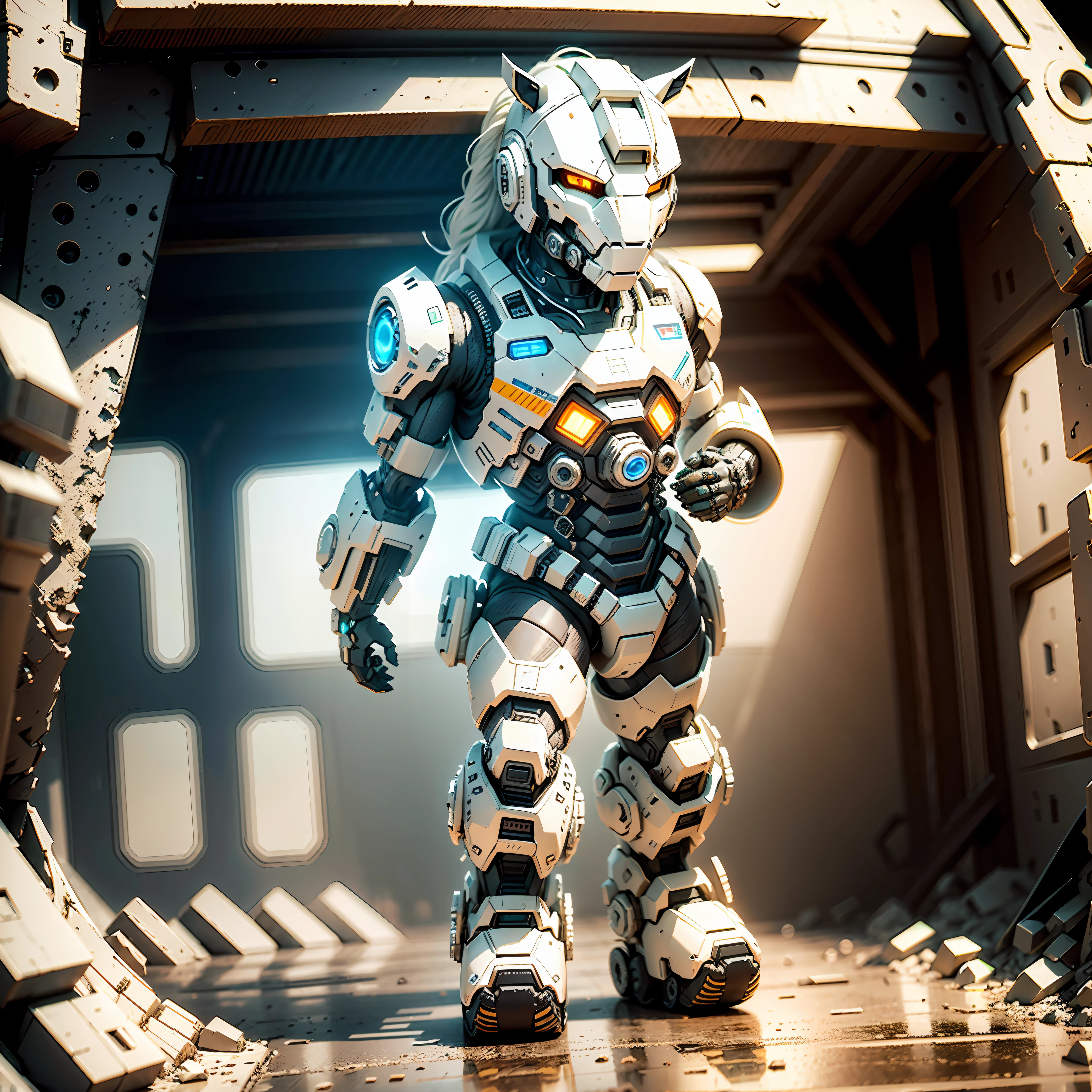 White Horse Mecha, Humanoid, Full Body, Solitary, Cyberpunk, Delicate Horse Head Head, Popmart Blind Box, Clay Texture, Stepping on Earth, Black and White Background, Natural Daylighting, Best Quality, Hyper Detail, 3D Art, C4D, OC Renderer, 3D Rendering, 8K