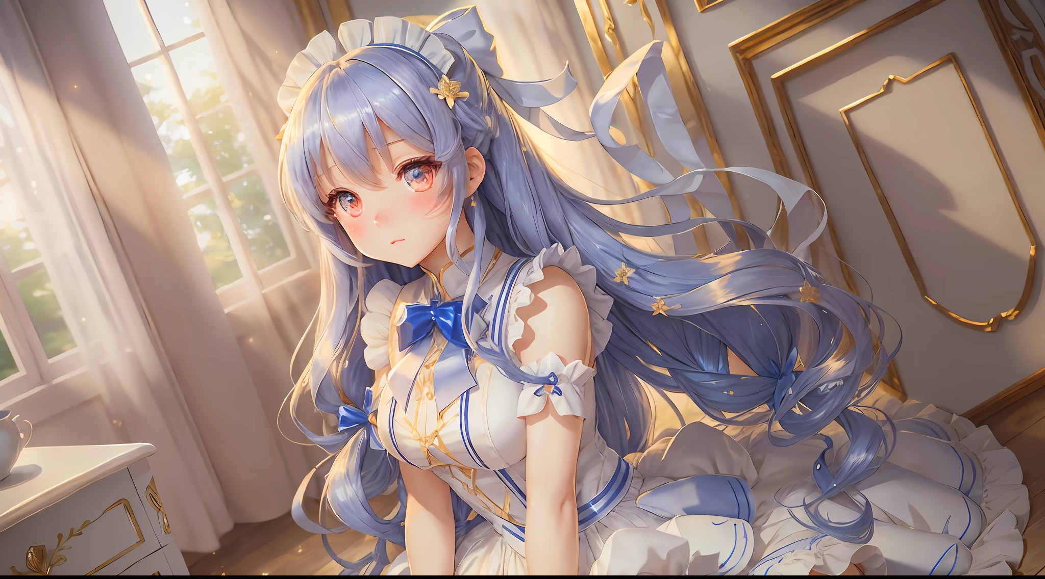 High-quality pictures, long blue hair, white skirt, maid outfit, golden eyes, blush, bow, white ribbon, beautiful girl, visually the characters are shiny overall, presenting 3D vision, with real fair skin, and the face is anime style --auto --s2