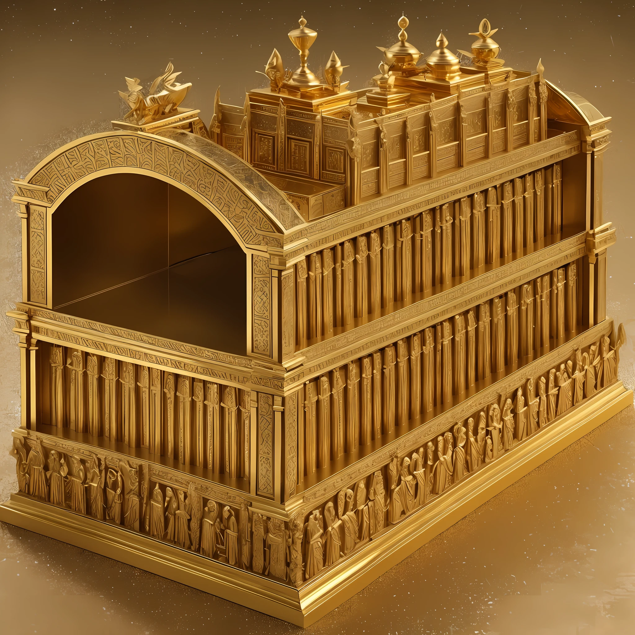the Ark was made of acacia wood and coated in pure gold, both internally and externally. It was approximately 1.25 meters long, 75 centimeters wide and 75 centimeters high.
The Ark was adorned with significant details and ornaments. On each of the longer sides of the Ark, there were gold rings to allow it to be carried with gold-plated acacia rods, which passed through the rings. These rods were never to be removed from the Ark.
At the top of the Ark, there was a lid called the "mercy seat" or "cap of atonement." This lid was made of pure gold and featured two sculptures of winged cherubs facing each other. The wings of the cherubim extended over the lid, forming a space known as the "place of atonement." According to the scriptures, it was in this space that the divine presence, known as the Shekinah, manifested itself.
Inside the Ark of the Covenant were kept sacred objects, such as the stone tablets containing the Ten Commandments given to Moses on Mount Sinai, a pot of manna, and Aaron's rod, which flourished as a sign of divine power.
The Ark of the Covenant had a profound religious significance for the Israelites. It was considered the place where God dwelt and the symbol of the covenant between God and the people of Israel. It is believed that the Ark possessed divine powers and that God's presence was directly associated with it.