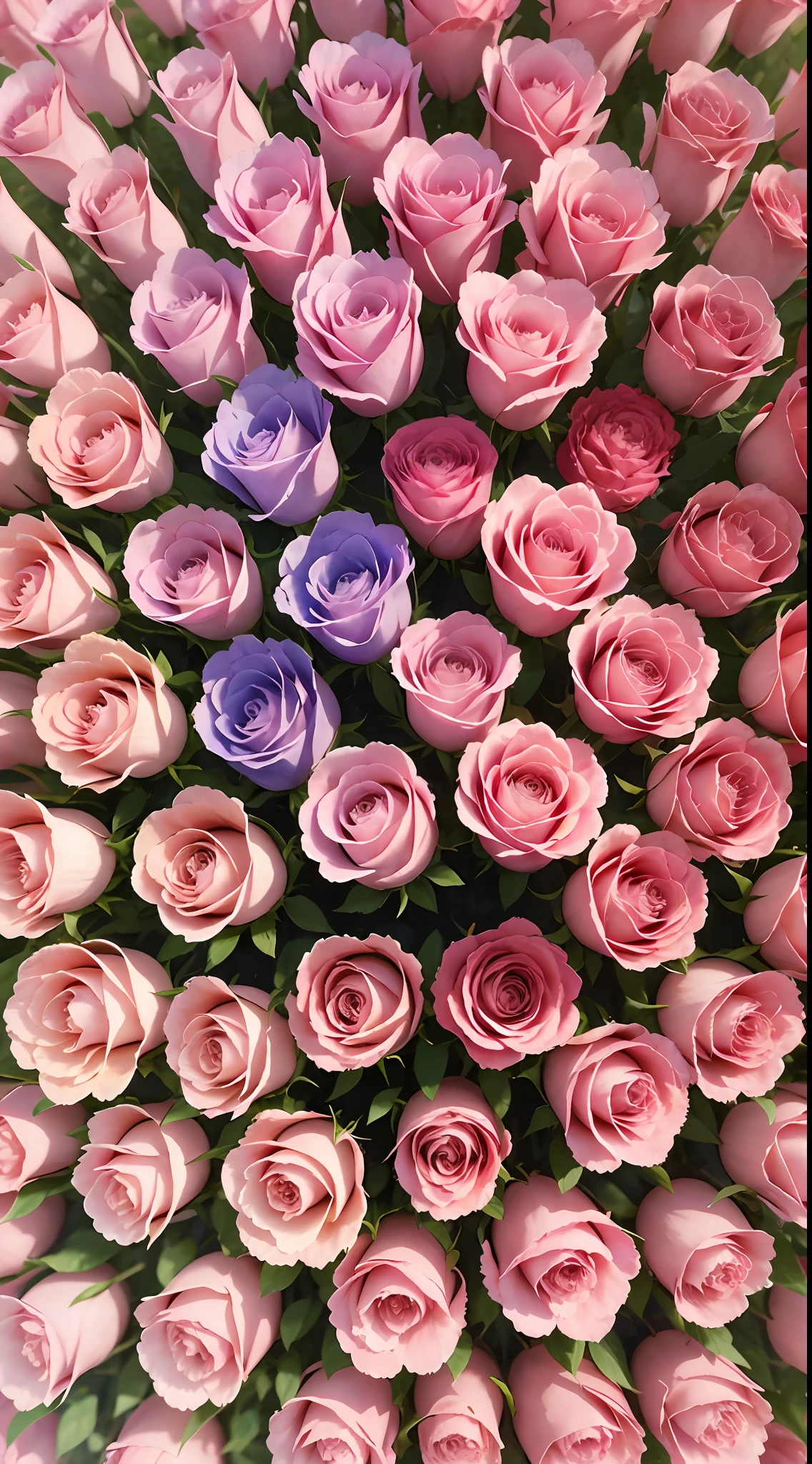 On a sunny day, 1000 pink roses of the same size bloom, beautiful petals, transparent, aerial photography, soft, soft, romantic, quiet, delicate, ultra-high resolution and ultra-HD panoramic images, photo realistic, 16K --v 5 --ar 2:3 --auto --s2