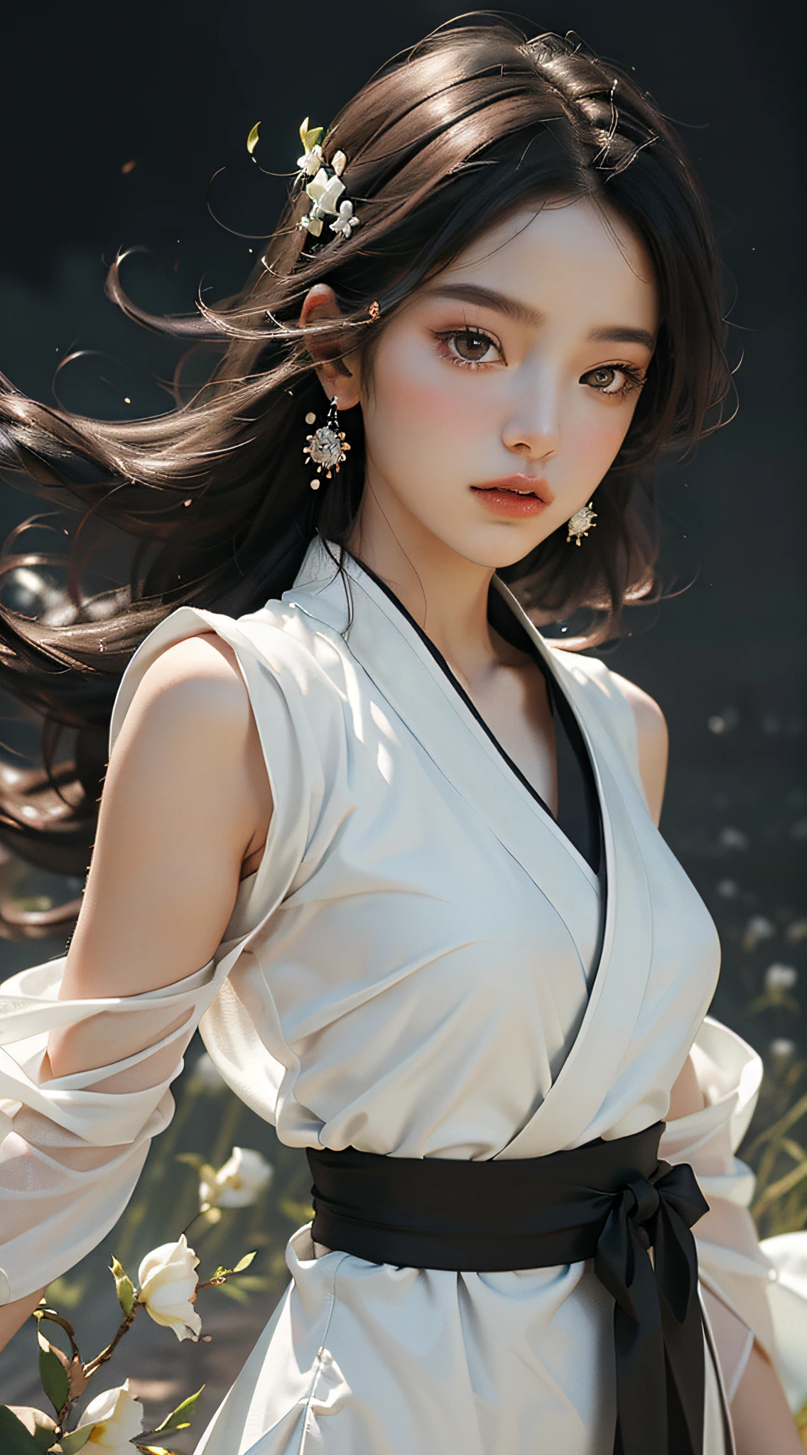 Super high quality, masterpiece, perfect illustration, extreme detail (exquisite light and shadow, highly dramatic picture,) Stroke, 1 girl, solo, ((wearing black and white two-tone Hanfu,)) Flower field 1.4, flowers, (white smoke: 1.3) (realistic:1.4), zen entanglement, tangled, official art, Unity 8k wallpaper, super detailed, beautiful and beautiful, masterpiece, best quality, (dynamic angle: 1.4), glowing skin, (floating colorful flashes: 1) the most beautiful form of chaos, elegant, Fauvist design, bright colors, romantic depth of field, exotic_dance, half_naked