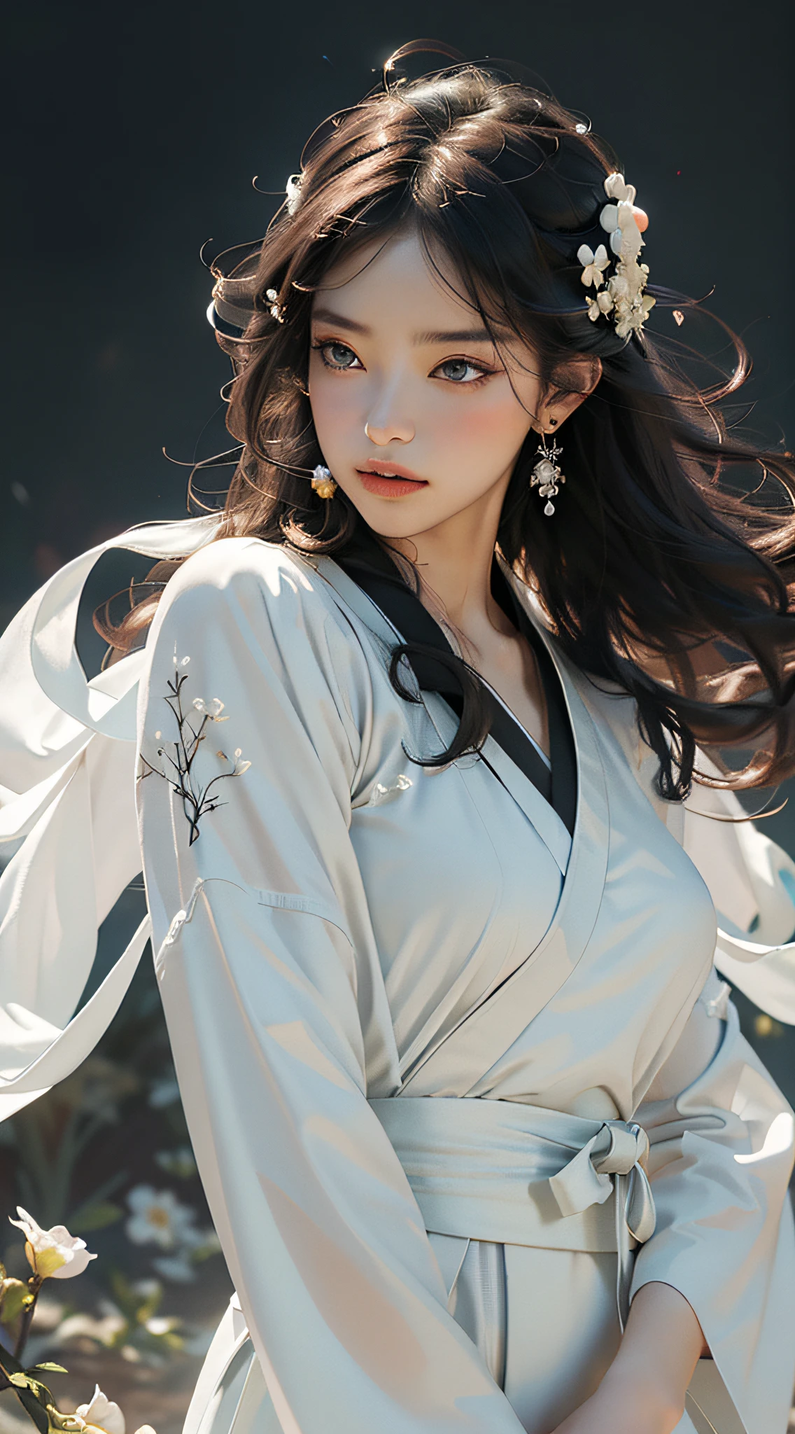 Super high quality, masterpiece, perfect illustration, extreme detail (exquisite light and shadow, highly dramatic picture,) Stroke, 1 girl, solo, ((wearing black and white two-tone Hanfu,)) Flower field 1.4, flowers, (white smoke: 1.3) (realistic:1.4), zen entanglement, tangled, official art, Unity 8k wallpaper, super detailed, beautiful and beautiful, masterpiece, best quality, (dynamic angle: 1.4), glowing skin, (floating colorful flashes: 1) the most beautiful form of chaos, elegant, Fauvist design, bright colors, romantic depth of field, exotic_dance, half_naked