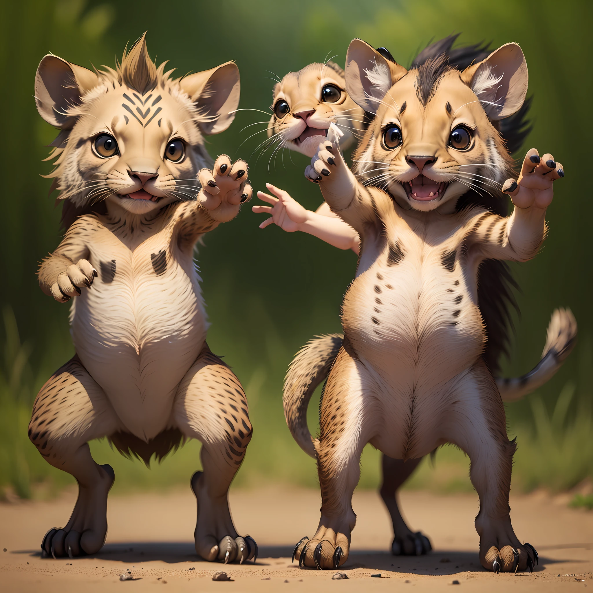 Cute warthogs and cute slender-tailed mongoose and cute lions waving their hands and dancing happily