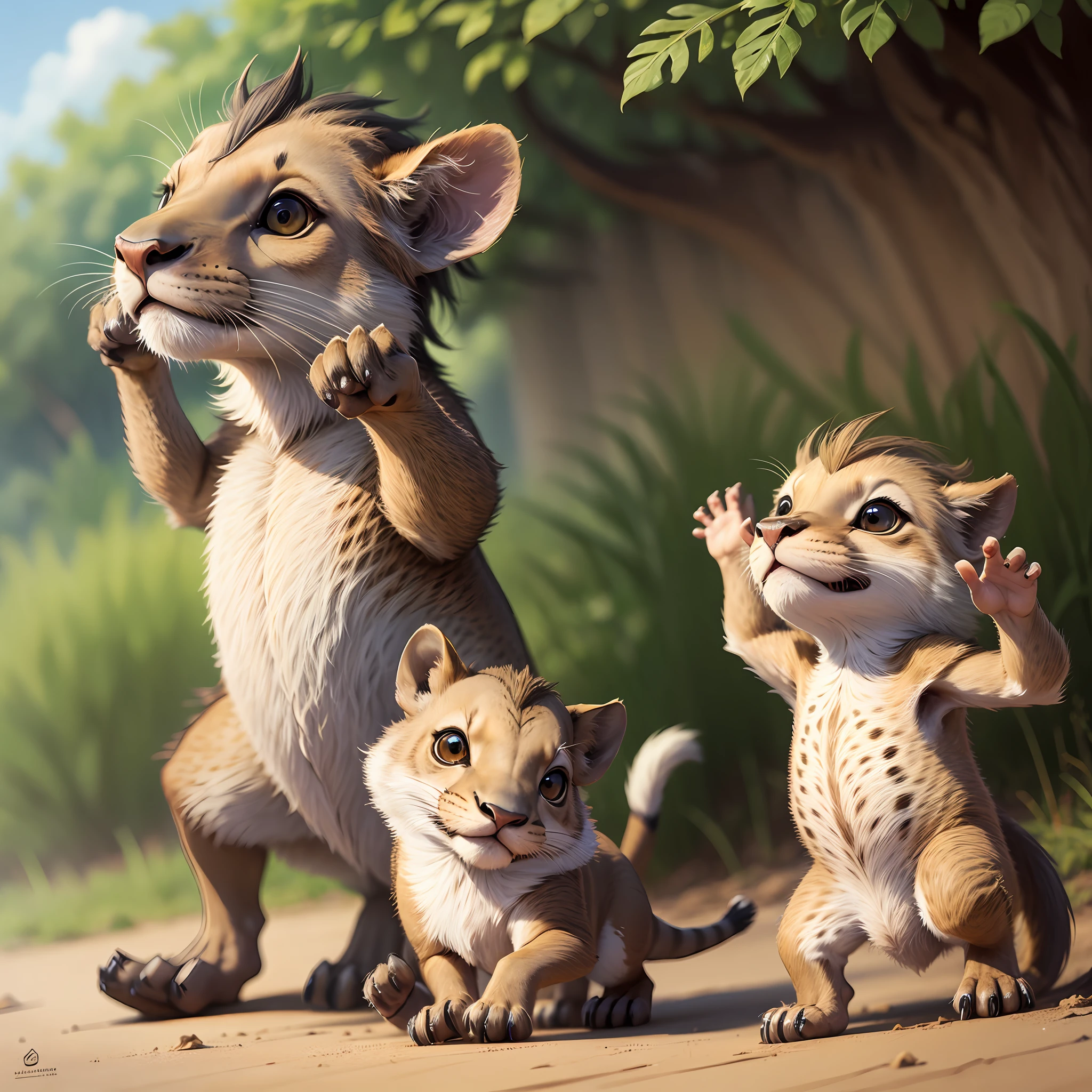 Cute warthogs and cute slender-tailed mongoose and cute lions waving their hands and dancing happily