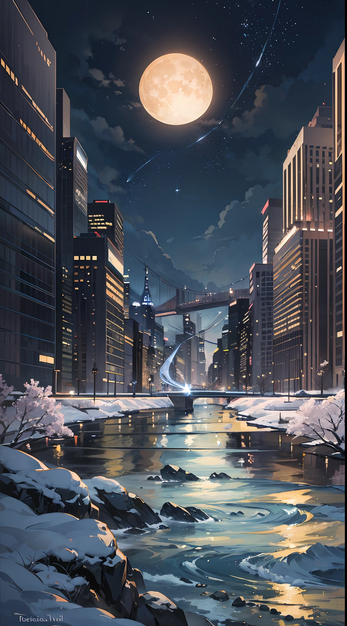 A painting of a river with stars and moon in the sky, concept art inspired by Tosa Mitsuoki, pixiv contest winner, best quality, fantasy art, beautiful anime scene, a bright moon, moonlit starry environment, dream painting, Anime Background Art, Fantasy Landscape Art, Fantasy Night, Anime Background, Background Artwork, Fantastic Art, Atmospheric Anime, Starry Sky, Detail Enhanced. --auto --s2