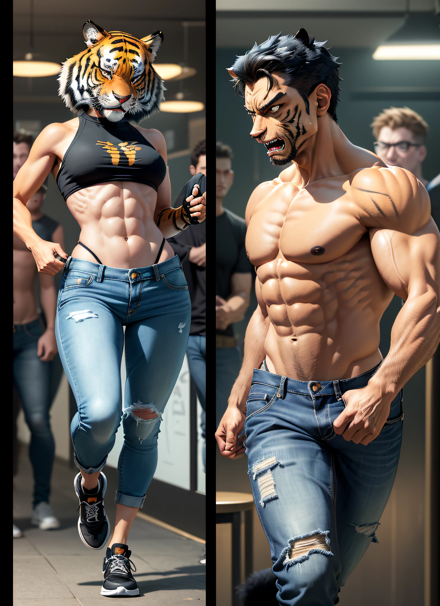 ((hq)), ((comic style)), sequential framing, impact frame, (same photo), (( first anthropomorphic tiger framing:!. 2)), (furious look), torn jacket, robotic chin, ((anthropomorphic panther running, mini-top, shirtless, jeans, )), (second frame), high-impact image, in a crowded bar, (hq), two scenes, one page, from side