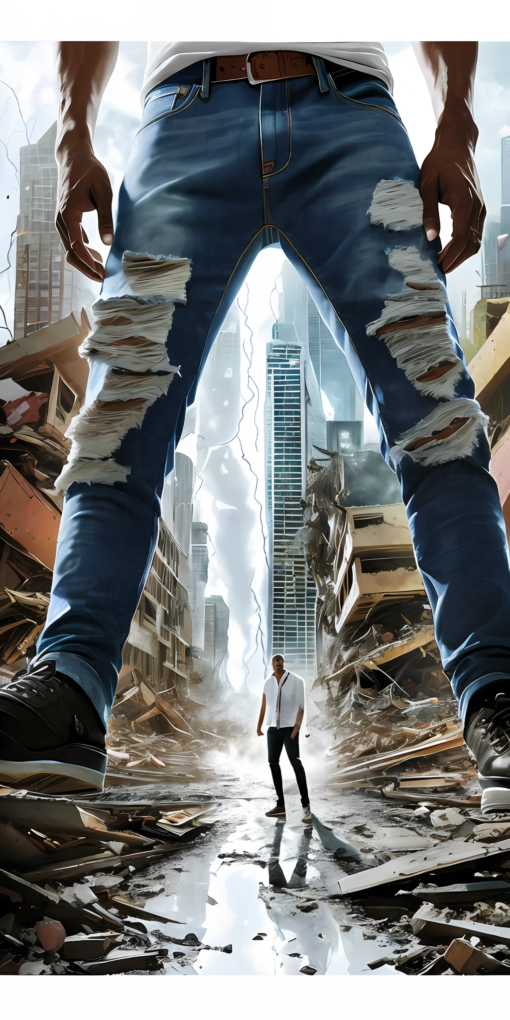 guttonerdvision4, a man with 40 meters tall glasses, super detailed expression of rsiva, detailed skin and face, ((ripped jeans)), ((torn white shirt)), giant, nervous, destroying the buildings of a city. Pewuena people around, Pieces of rubble everywhere, sky with lightning and thunder, Illustration by Alex Ross, detailed, cinematic