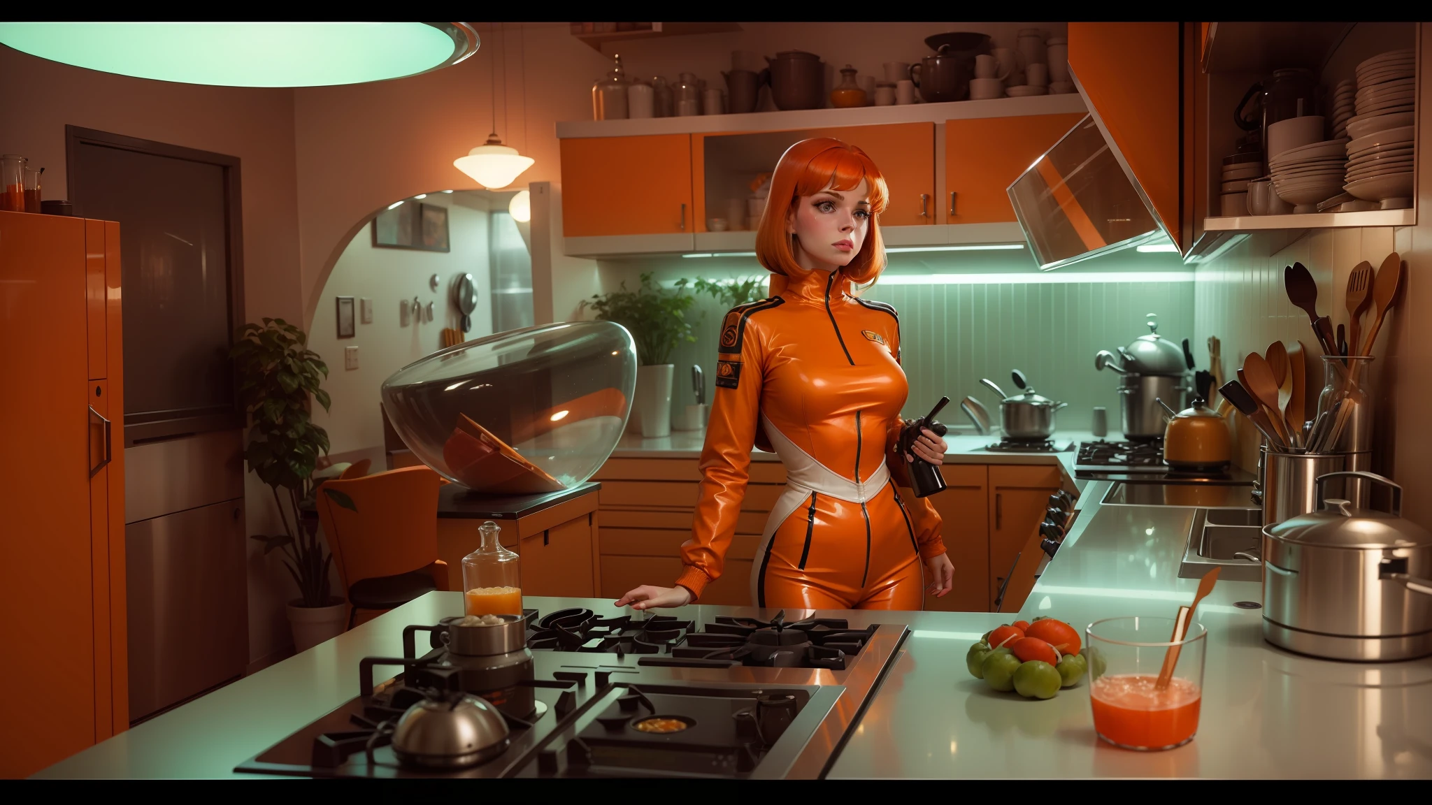 there is a woman standing in a kitchen with a glass vase on the counter, retrofuturism, orange jacket, jenny seville, cinematic still in adam | unity, nausicaa, lola dupre, paprika, inspired by Kathleen Allen, 7 0's kitchen, anamorphic, hi - fructose art magazine, glass and metal : : peugot onyx --auto --s2