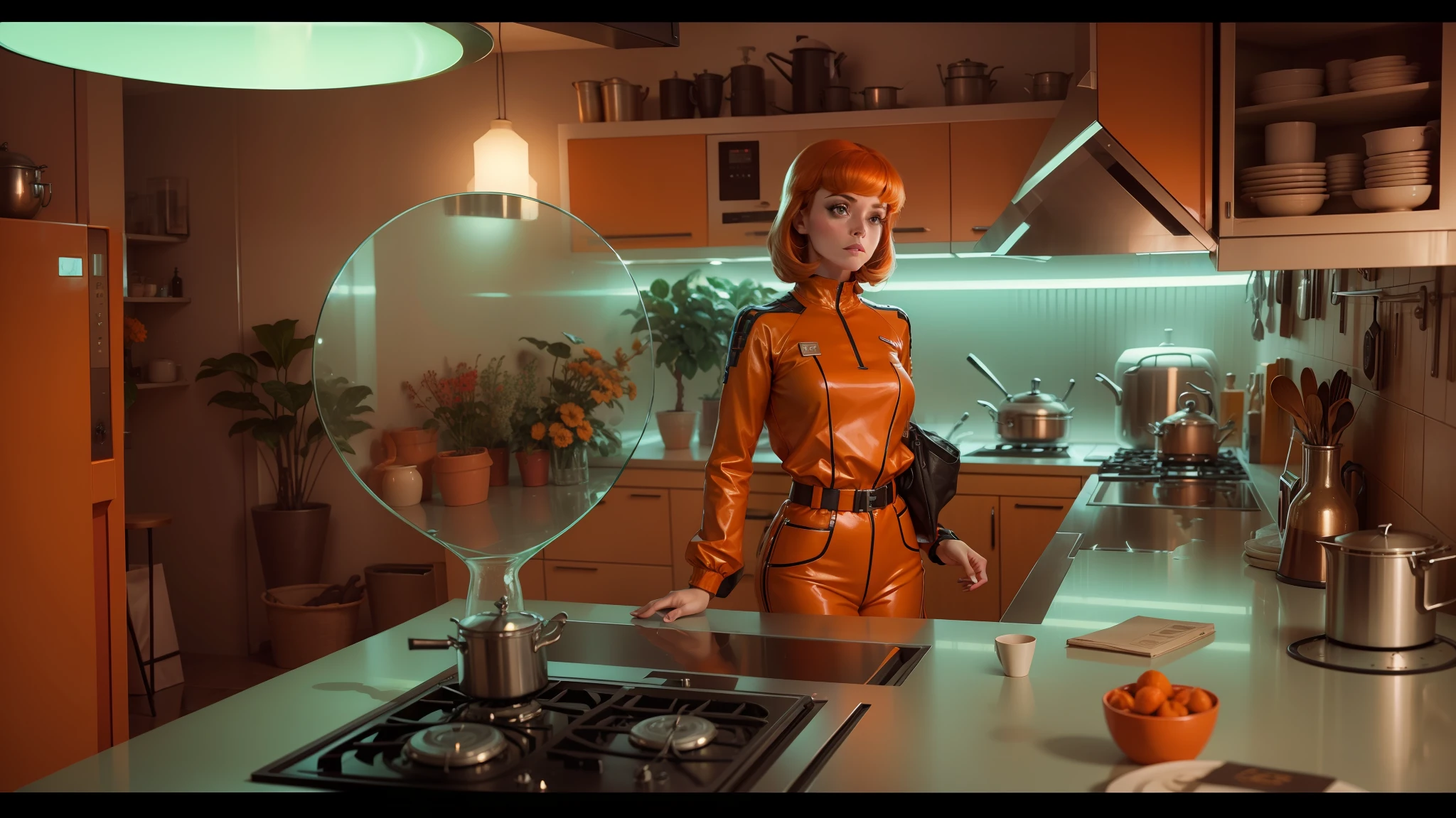 there is a woman standing in a kitchen with a glass vase on the counter, retrofuturism, orange jacket, jenny seville, cinematic still in adam | unity, nausicaa, lola dupre, paprika, inspired by Kathleen Allen, 7 0's kitchen, anamorphic, hi - fructose art magazine, glass and metal : : peugot onyx --auto --s2