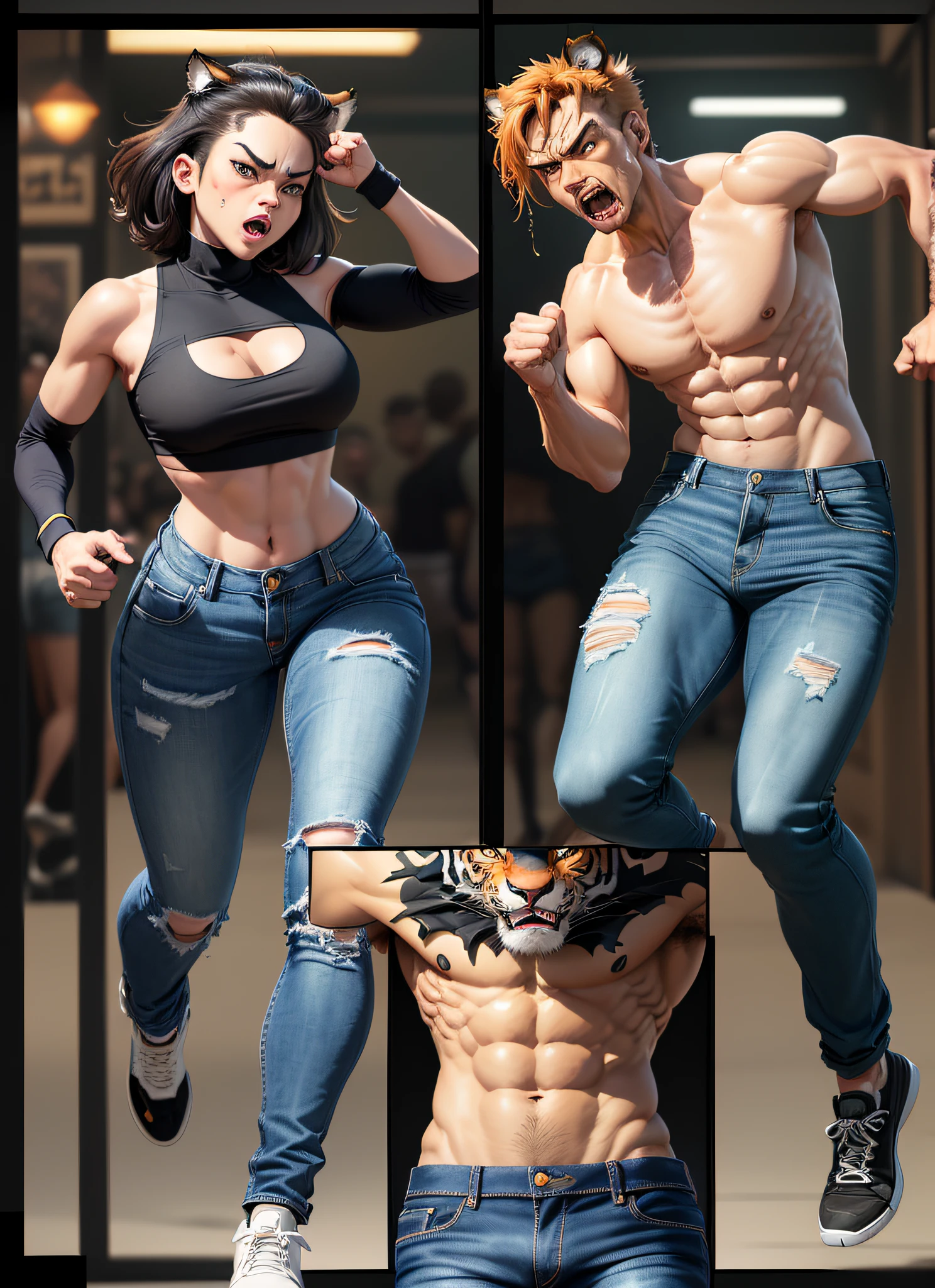 ((hq)), ((comic style)), sequential framing, impact frame, (same photo), (( first anthropomorphic tiger framing:!. 2)), (furious look), torn jacket, robotic chin, ((anthropomorphic panther running, mini-top, shirtless, jeans, )), (second frame), high-impact image, in a crowded bar, (hq), two scenes, one page, from side