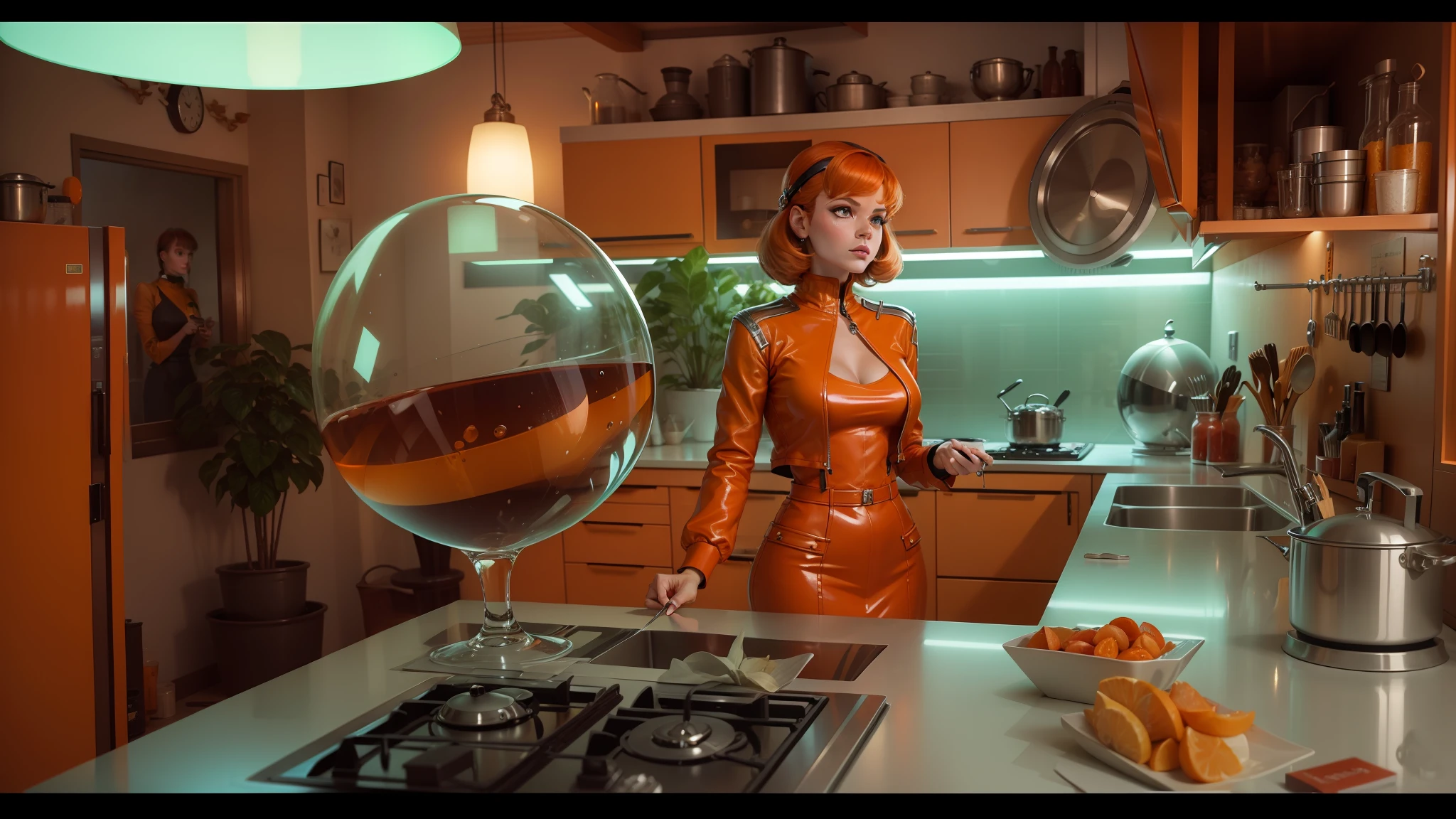 there is a woman standing in a kitchen with a glass vase on the counter, retrofuturism, orange jacket, jenny seville, cinematic still in adam | unity, nausicaa, lola dupre, paprika, inspired by Kathleen Allen, 7 0's kitchen, anamorphic, hi - fructose art magazine, glass and metal : : peugot onyx --auto --s2