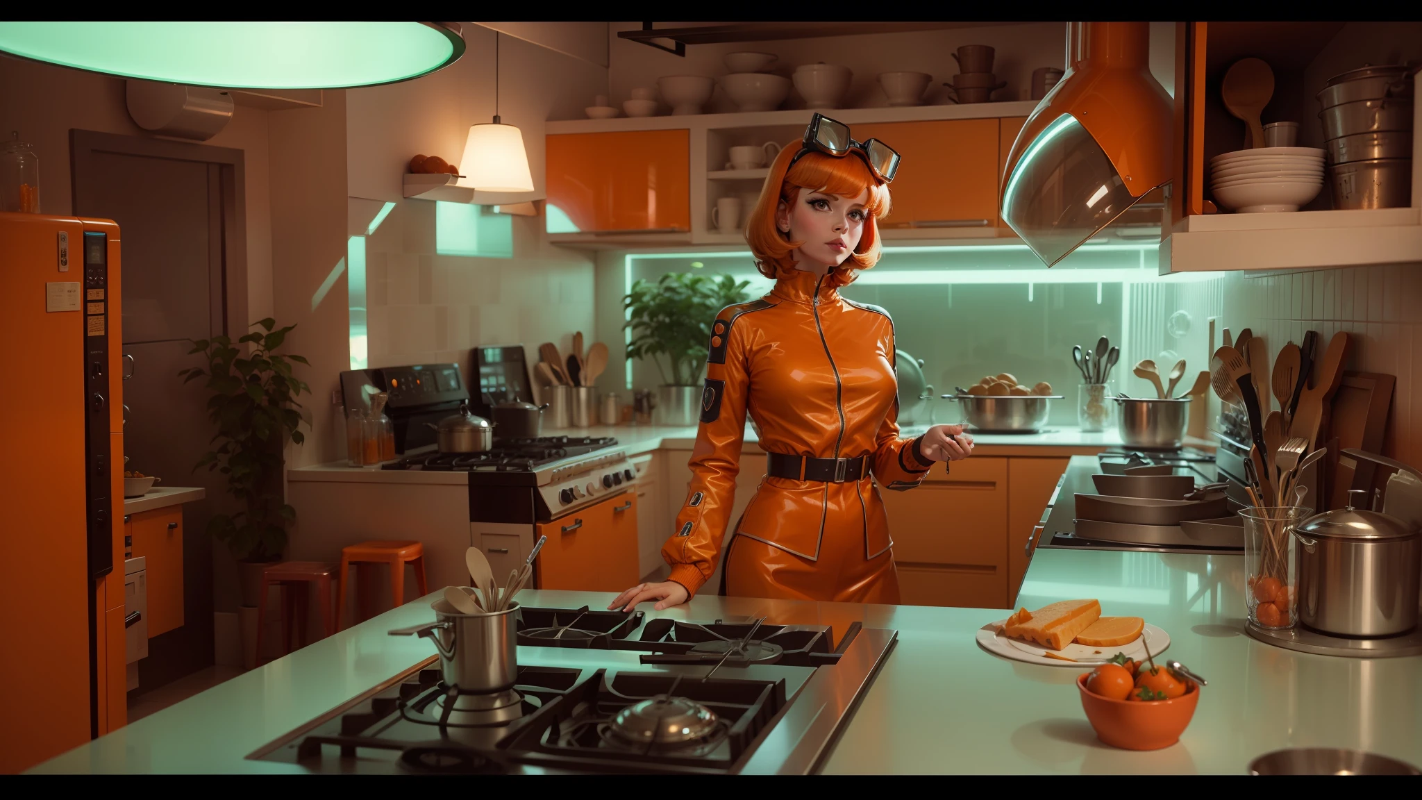 there is a woman standing in a kitchen with a glass vase on the counter, retrofuturism, orange jacket, jenny seville, cinematic still in adam | unity, nausicaa, lola dupre, paprika, inspired by Kathleen Allen, 7 0's kitchen, anamorphic, hi - fructose art magazine, glass and metal : : peugot onyx --auto --s2