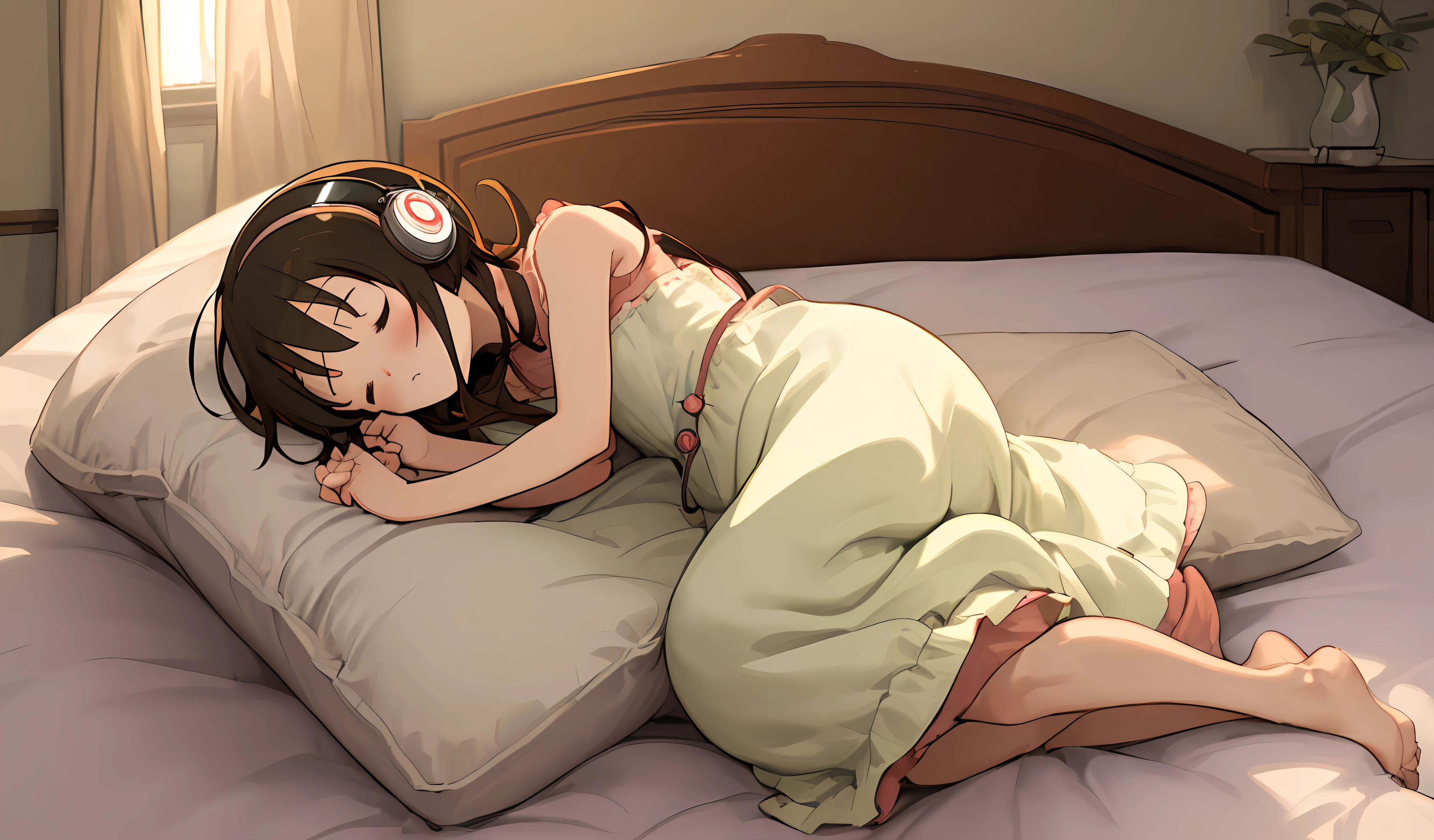 (masterpiece), (best quality), (masterpiece, best quality), (show full body), anime girl in cozy room, wearing headphones, lying flat on bed to sleep, cute kitten sleeping,