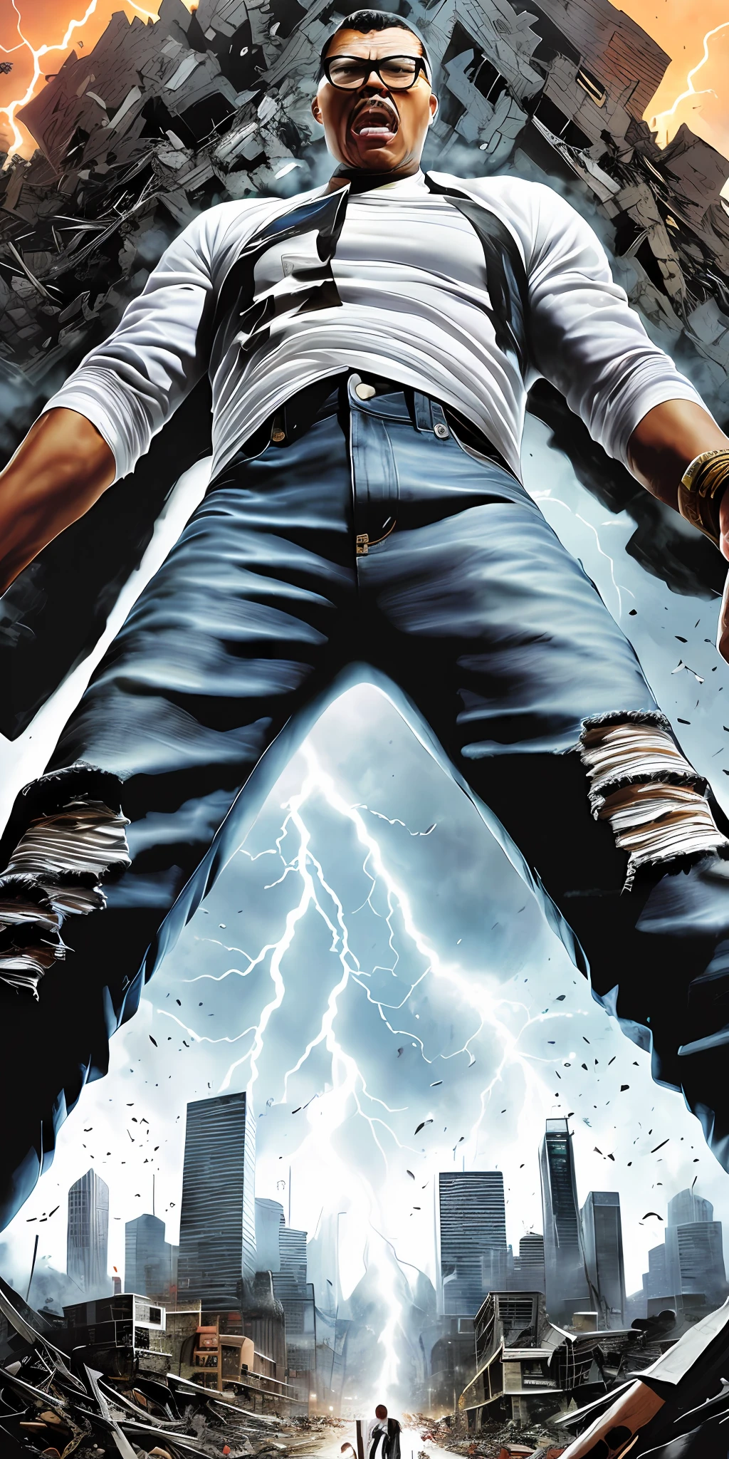 guttonerdvision4, a man with glasses 40 meters tall, ((expression of anger)) super detailed, detailed skin and face, ((ripped jeans)), ((torn white shirt)), giant, ((nervous)), destroying the buildings of a city. Pewuena people around, Pieces of rubble everywhere, sky with lightning and thunder, Illustration by Alex Ross, detailed, cinematic