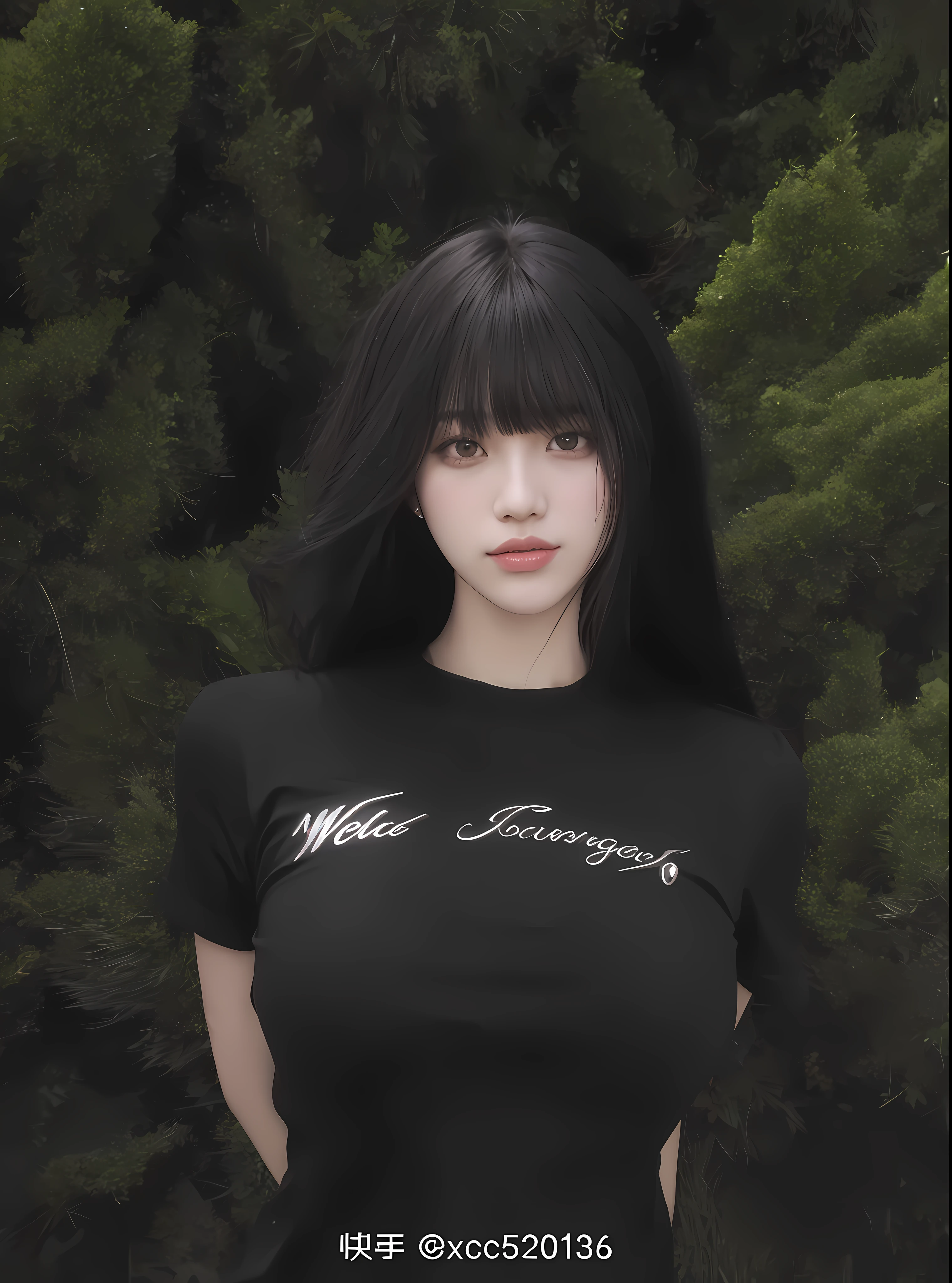 arafed woman with long black hair standing in front of a bush, she has black hair with bangs, long black hair with bangs, neat hair with bangs, whitebangsblackhair, long dark hair with bangs, cruel korean goth girl, 🤤 girl portrait, with bangs, wearing black tshirt, korean girl, long hair with bangs, with long hair