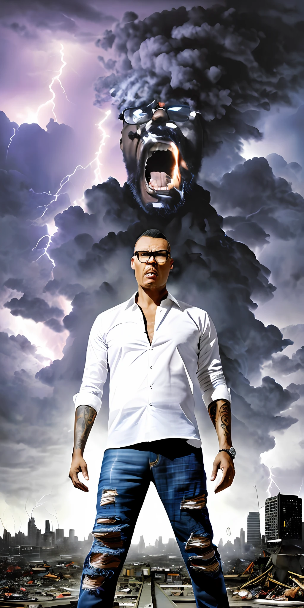 guttonerdvision4, a man with glasses 40 meters tall, ((expression of anger)) super detailed, detailed skin and face, ((ripped jeans)), ((torn white shirt)), giant, ((nervous)), destroying the buildings of a city. Pewuena people around, Pieces of rubble everywhere, sky with lightning and thunder, Illustration by Alex Ross, detailed, cinematic
