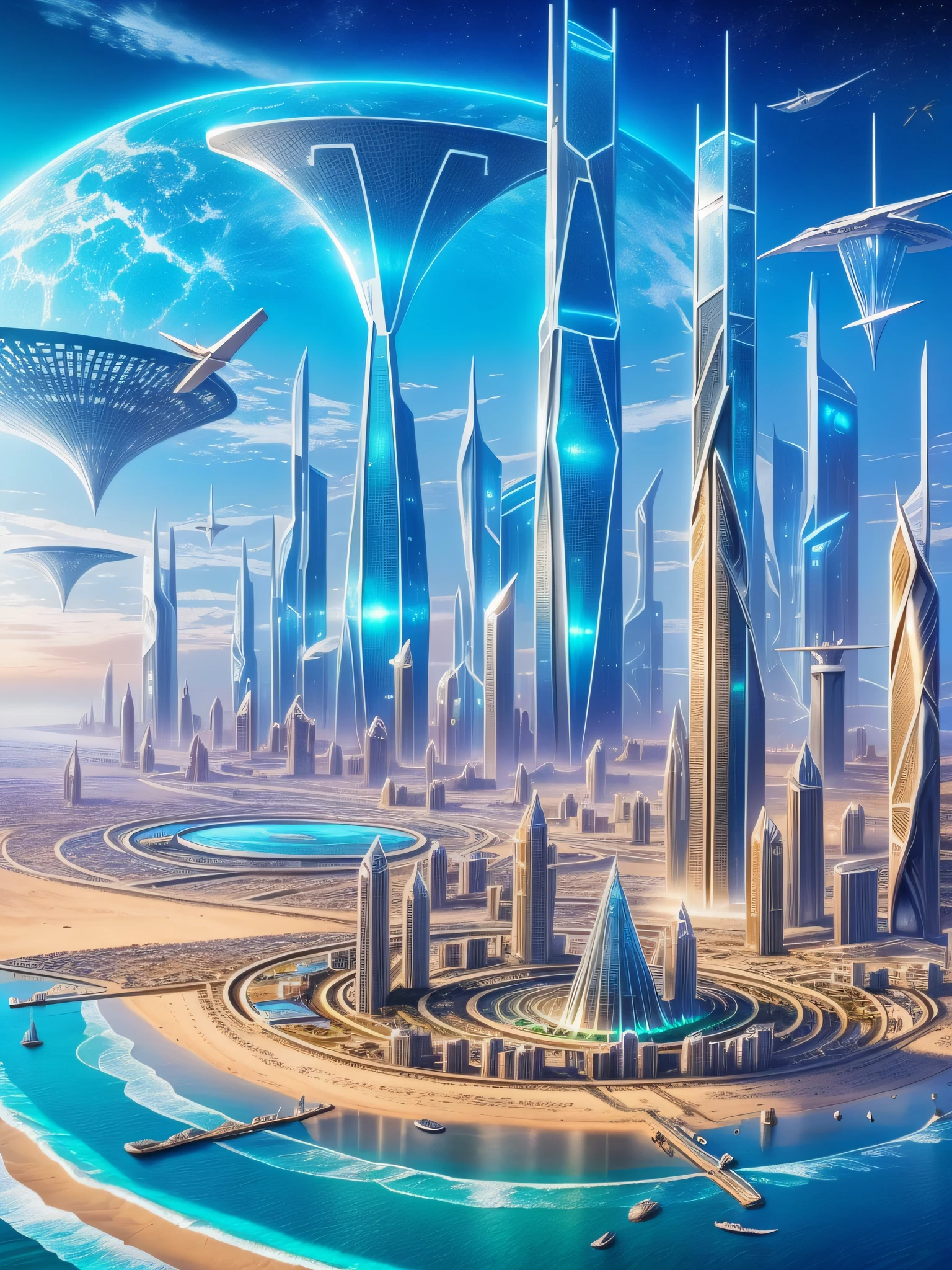 futuristic city, fantasy, 24th century, desert, sea, sandy beach