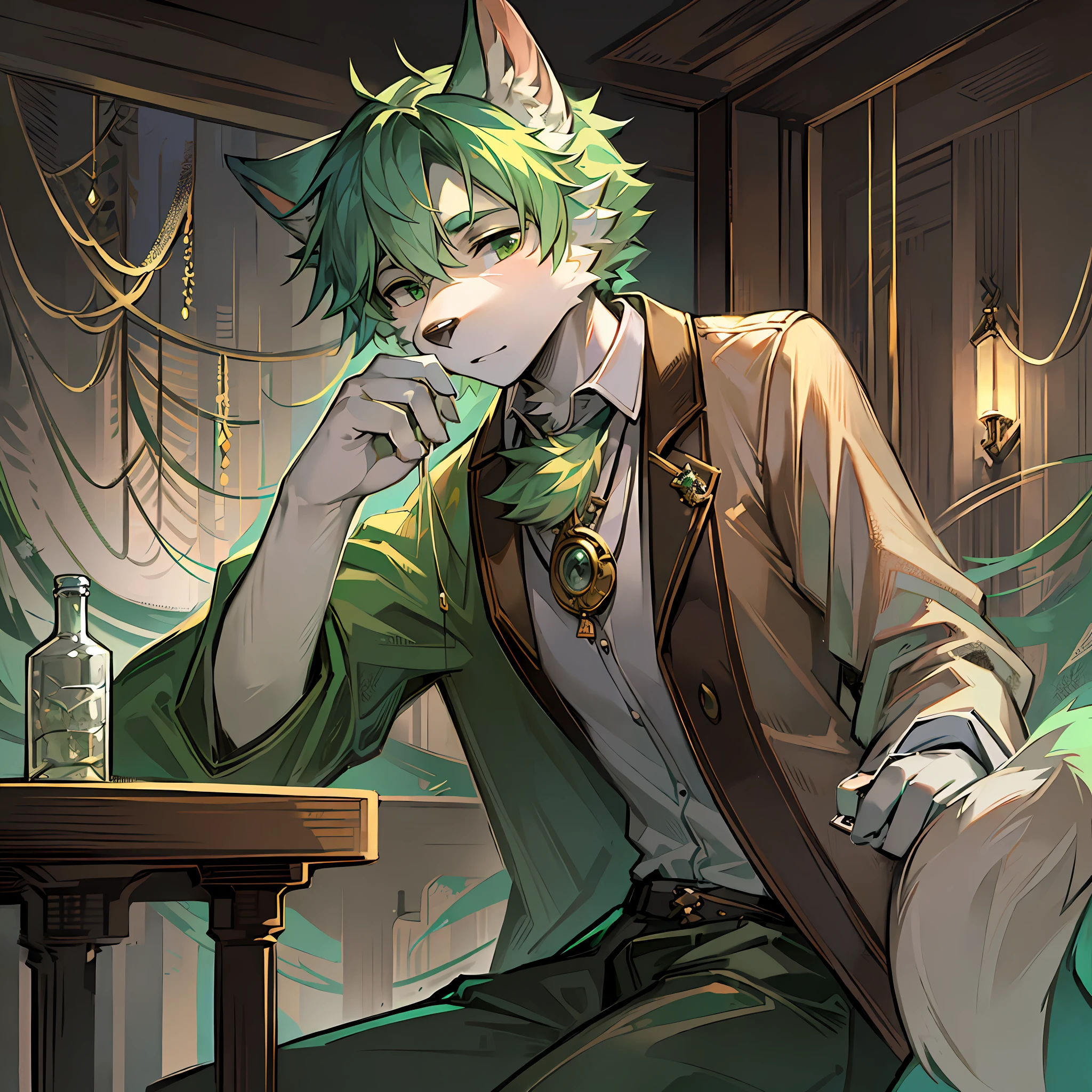 (Best quality, 1.4 realism) Side-faced wolf-eared young male, light green hair, white belly, monocle, sitting on a table, holding a medicine bottle, head entangled in vines, looking back and looking down, presenting a surreal illusion.