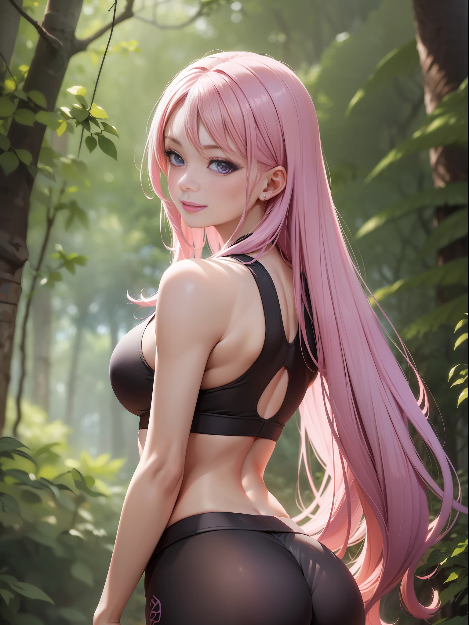 (extremely detailed), high resolution, detailed body skin, contrast, color, shadows, forest background, 1 beautiful woman, long pink hair, medium chest, smile, looking at the viewer, purple eyes, (16k detailed eyes), detailed face, close up, curved, backshot, back shot, yoga pants, sports bra