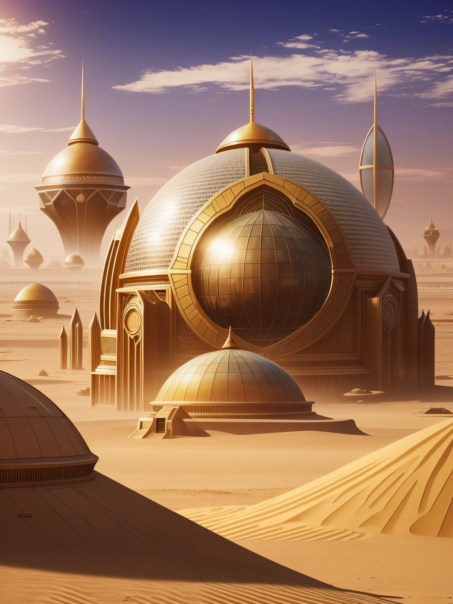 futuristic city, fantasy, 24th century, desert, dome