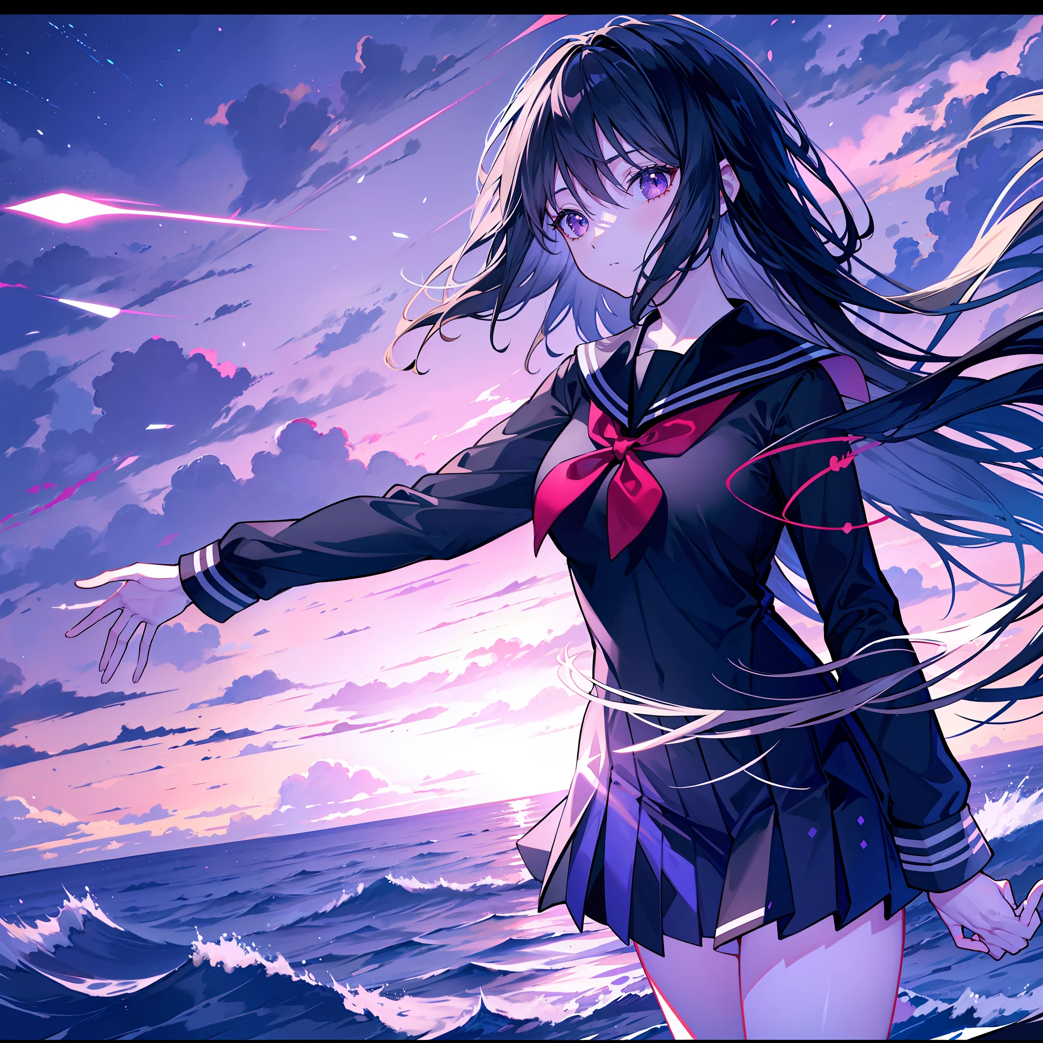 UHD, retina, masterpiece, accurate, anatomically correct, super detail, high details, high quality, award winning, best quality, highres, good anatomy, 1080P, HD, 4K, 8k, 16k, 1girl, long black hair, purple eyes, wearig a sailor uniform