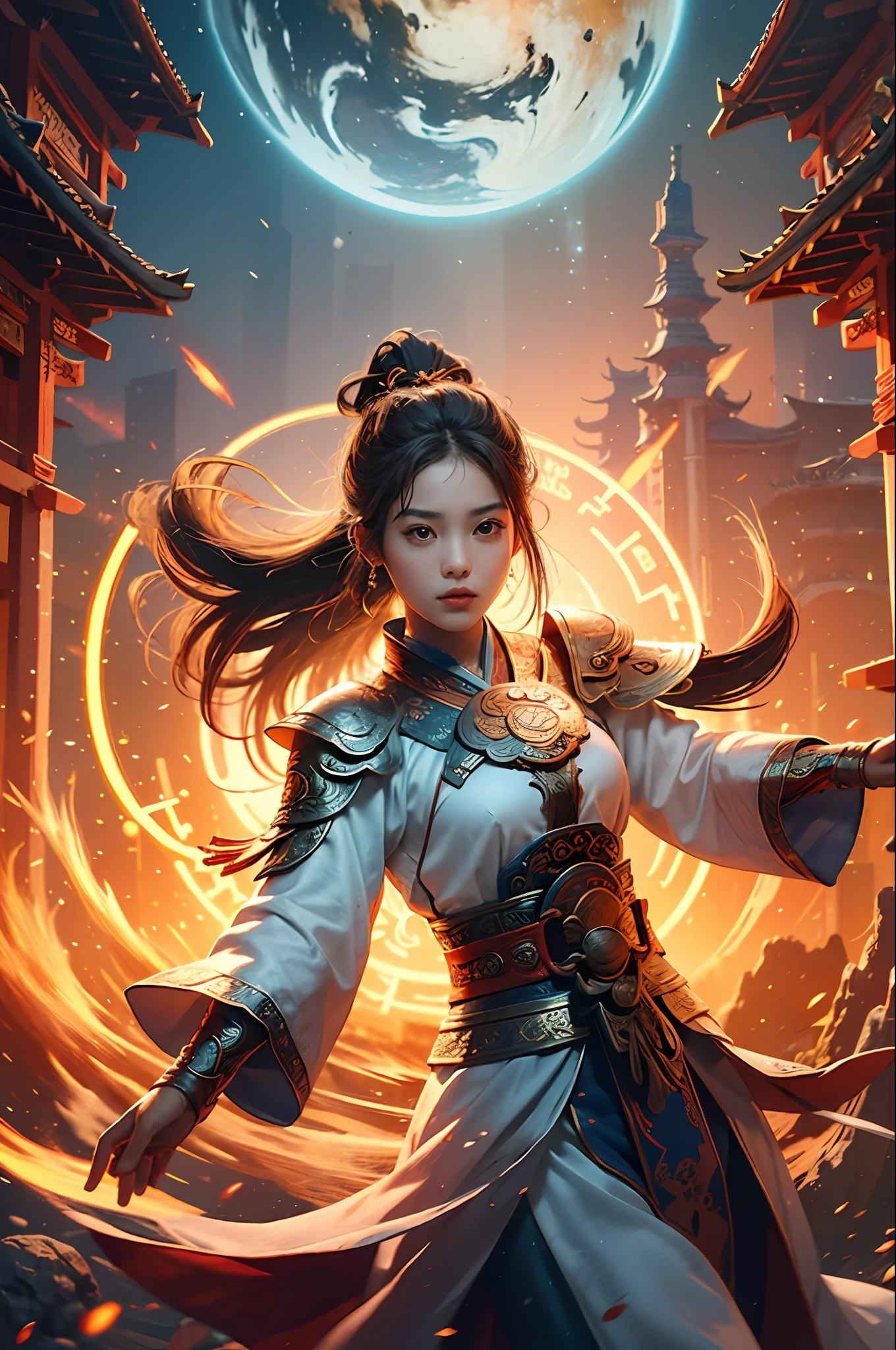 Best Quality, Masterpiece, Ultra High Resolution, (Realistic: 1.4), Xiu Xian, Weapon, Detail Face, 1 Girl, Solo, Weapon, (Magic Circle: 1.2), Xiu Xian, Upper Body, Interact with People, Beautiful Girl, Full Body, East Asian Architecture, Sheath, Building,