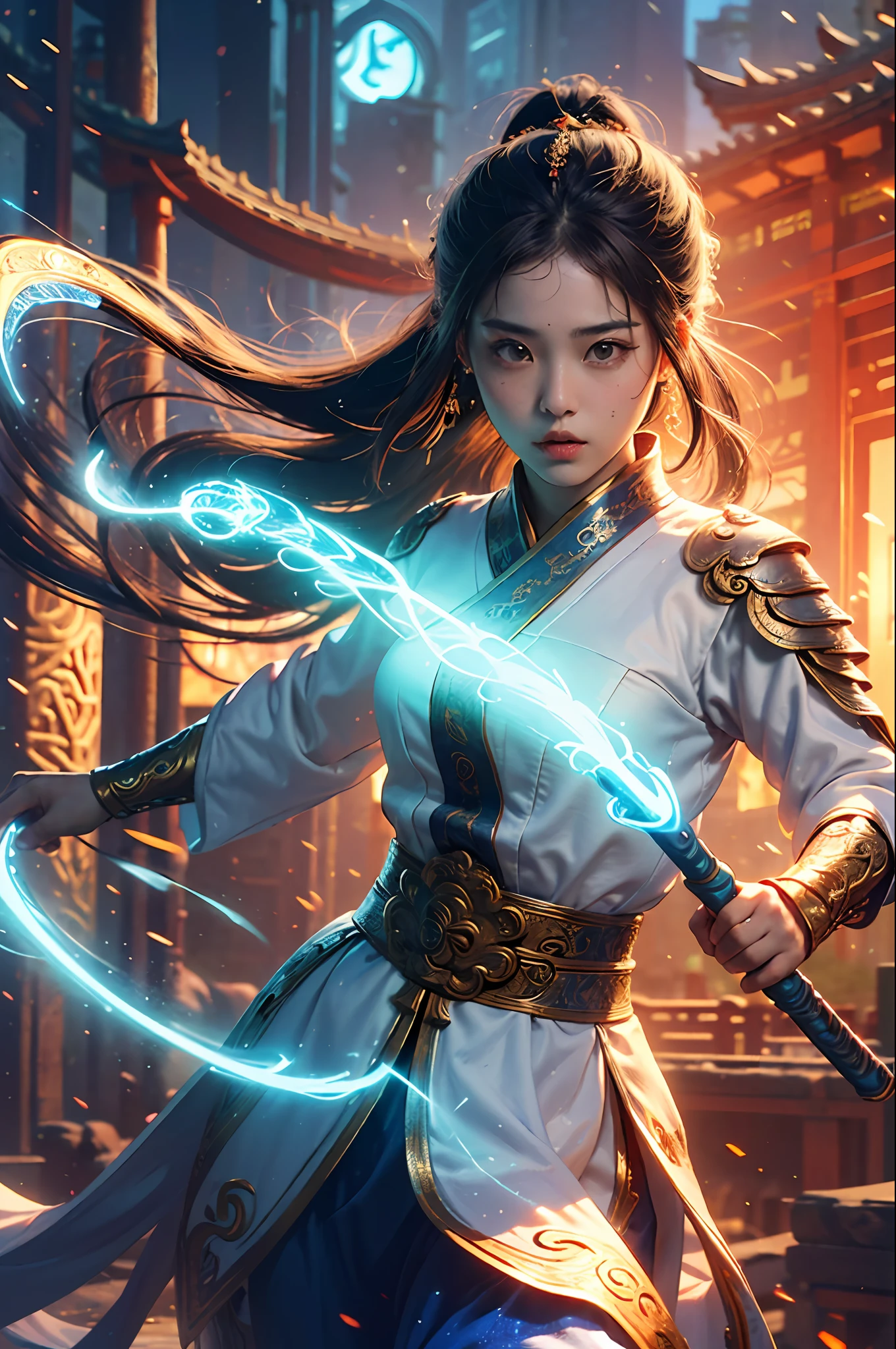 Best Quality, Masterpiece, Ultra High Resolution, (Realistic: 1.4), Xiu Xian, Weapon, Detail Face, 1 Girl, Solo, Weapon, (Magic Circle: 1.2), Xiu Xian, Upper Body, Interact with People, Beautiful Girl, Full Body, East Asian Architecture, Sheath, Building,