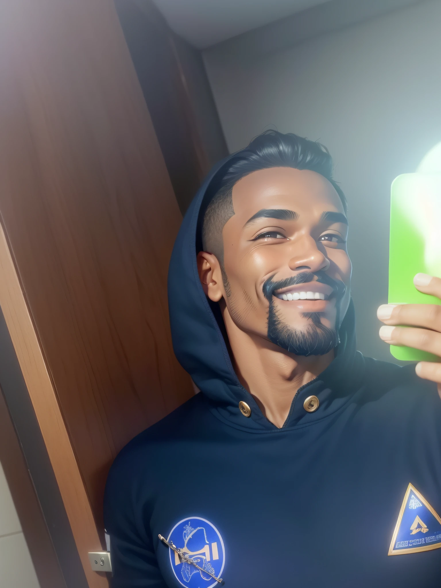 Man with goatee and mustache in front of a mirror, smiling sheepishly, brown-skinned man with a giant smile, he is smiling, handsome and smiling, smiling shyly, smiling man, smiling slightly, smiling and looking directly, very slightly smiling, taken in early 2020, detailed smile, wide smile, insane smile in 8k drawing version --auto --s2