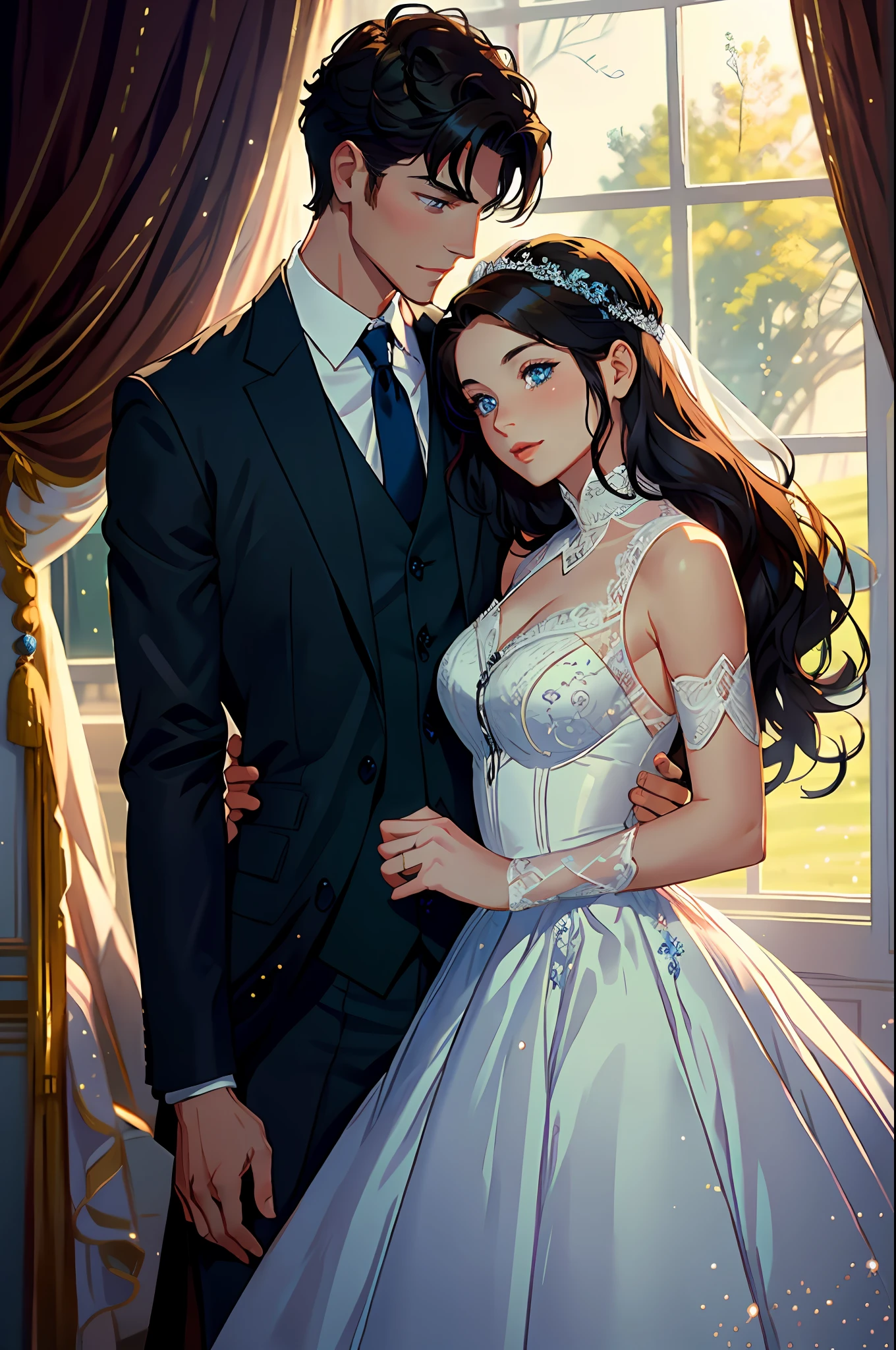 The couple in the image is deeply in love and lost in the moment. The man is tall and handsome with chiseled features and piercing blue eyes. He has a confident and charismatic demeanor, and his love for the woman is evident in the way he gazes at her with adoration. He is wearing a white shirt with a black suit jacket, adding to his sophisticated and refined appearance. The woman is equally stunning with soft features and delicate features. She has a gentle and warm smile, and her eyes sparkle with love and joy. Her hair is styled in loose curls that fall elegantly around her face, adding to her romantic and dreamy appearance. She is wearing a flowing dress with a sweetheart neckline and lace detailing, adding to her romantic and whimsical look.Together, the couple looks like they have just stepped out of a fairy tale. Their love for each other is the centerpiece of the image, and everything else in the scene serves to enhance the beauty and magic of their love story.