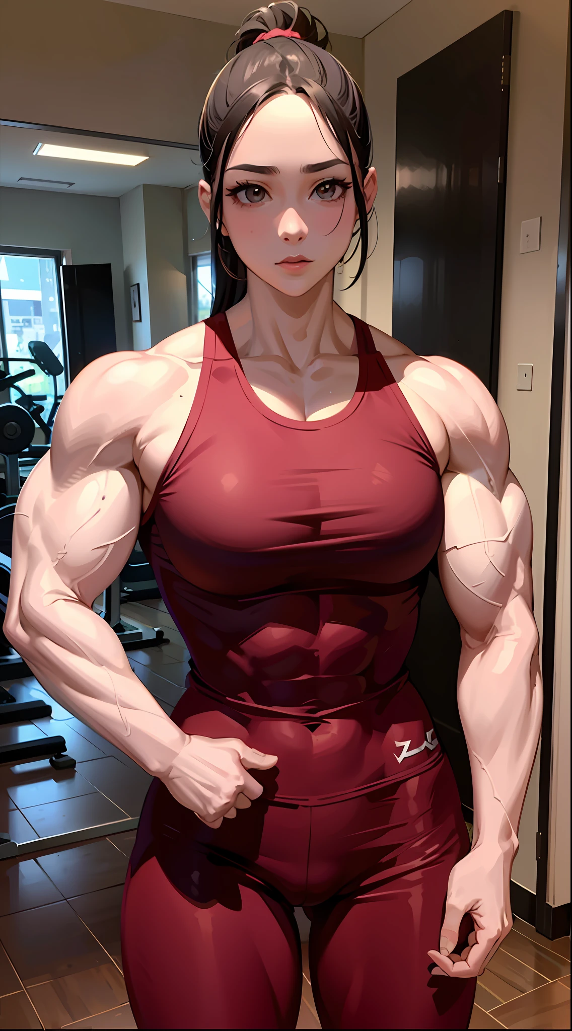 a woman posing for a picture in a gym outfit, very beautiful. big muscles, muscular girl, feminine and muscular, big arms, muscular ultraviolent woman, wenfei ye, big muscles, by Natasha Tan, fairly muscular, full upper body, muscular!!, taejune kim, kim hyun joo, muscles, large muscles, massive muscles, muscular
