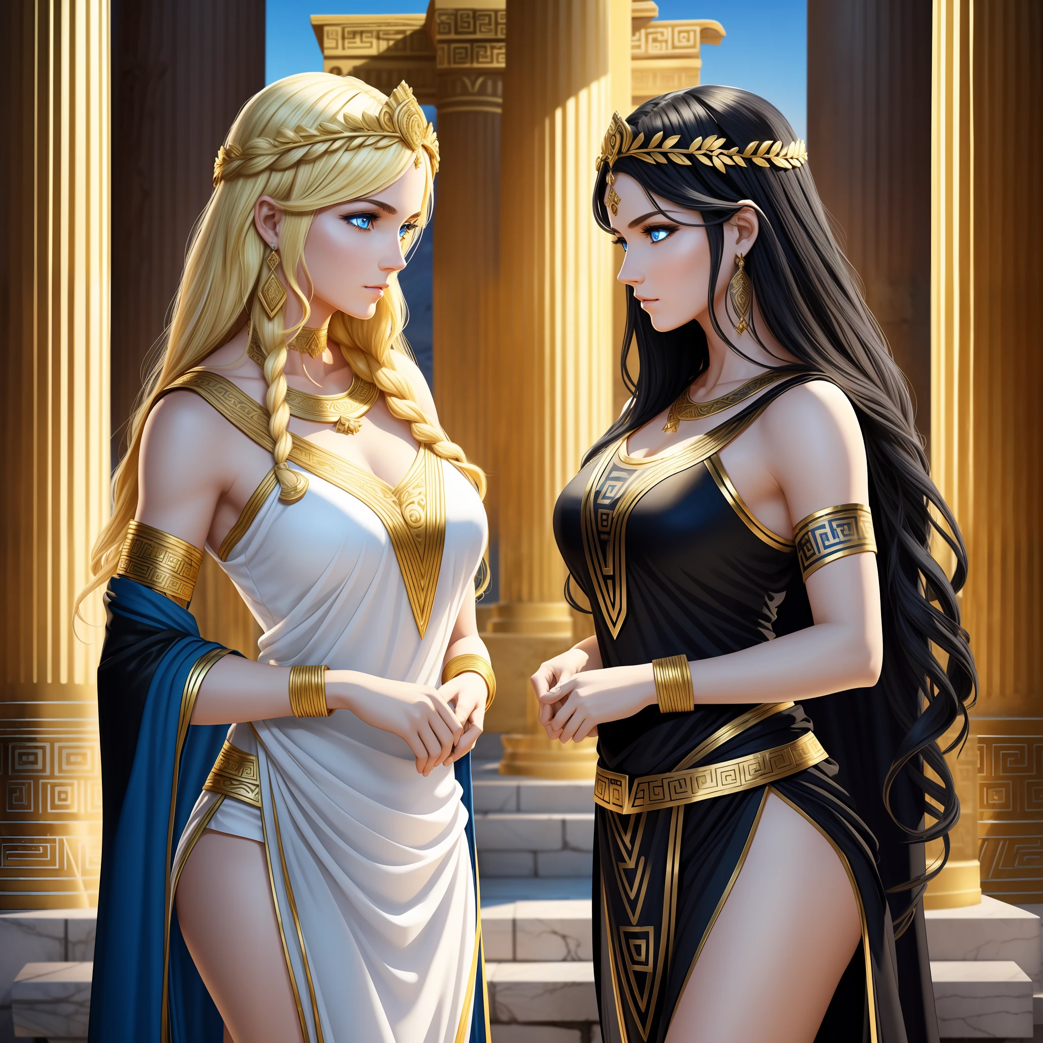 (two goddesses) are chatting intimately in an ancient Greek temple, {the one is goddess of nature and hunt, with (((blonde hair))) and (((blue eyes))), is fair-skinned, is slender, shows off her pair of perfect long legs, wears a sleeveless (very short: 1.6) (white:1.2) tunic with golden borders}, {the other is goddess of witchcraft and magic, with ((black hair)) and ((dark eyes)), is fair-skinned, wears a (black:1.2) robe with golden pattern}, Greek mythology, photorealistic, super high quality, super detail, super hand description, masterpiece, 4K, 8K, HDR