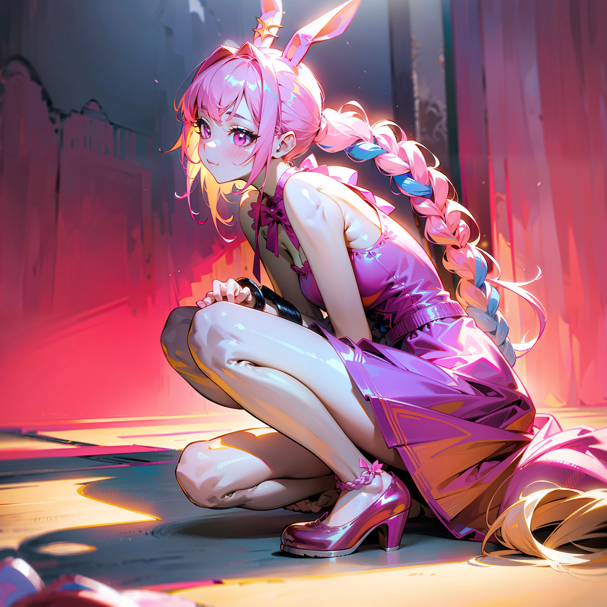 (masterpiece, best quality, super detailed, best shadow), (detailed background, dark fantasy), (beautiful detailed face), high contrast, (best lighting, very delicate and beautiful), ((cinematic light)), colorful, hyper-detailed, dramatic light, intricate details,1 girl, pink hair braided in 2 ponytails, bangs, pink eyes, pink cute knee-length dress, cute pink stockings and cute pink shoes, bunny ear decoration, pink bow around the neck, cute long hair braided in 2 ponytails, cute pose, full-length