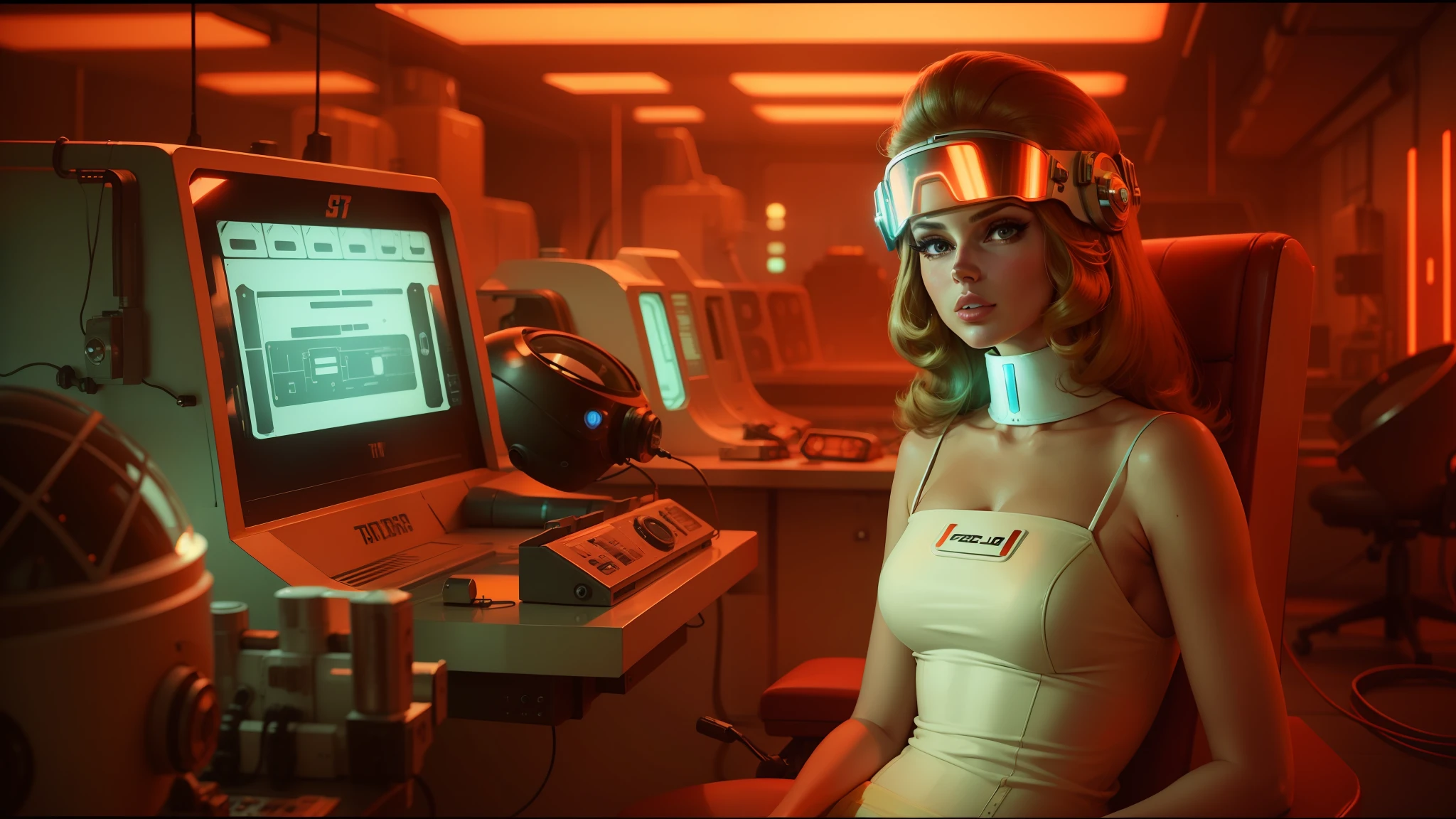 arafed woman in a futuristic costume sitting in front of a computer, lana del rey, inside of a 1970s science lab, speed racer, tumblr aesthetic, taylor swift, style = retro-futurism, cyberpunk strip clubs, red hat, hair looks like a helmet, inspired by Olha Darchuk, for 1 9 7 0 s'sci - fi --auto --s2