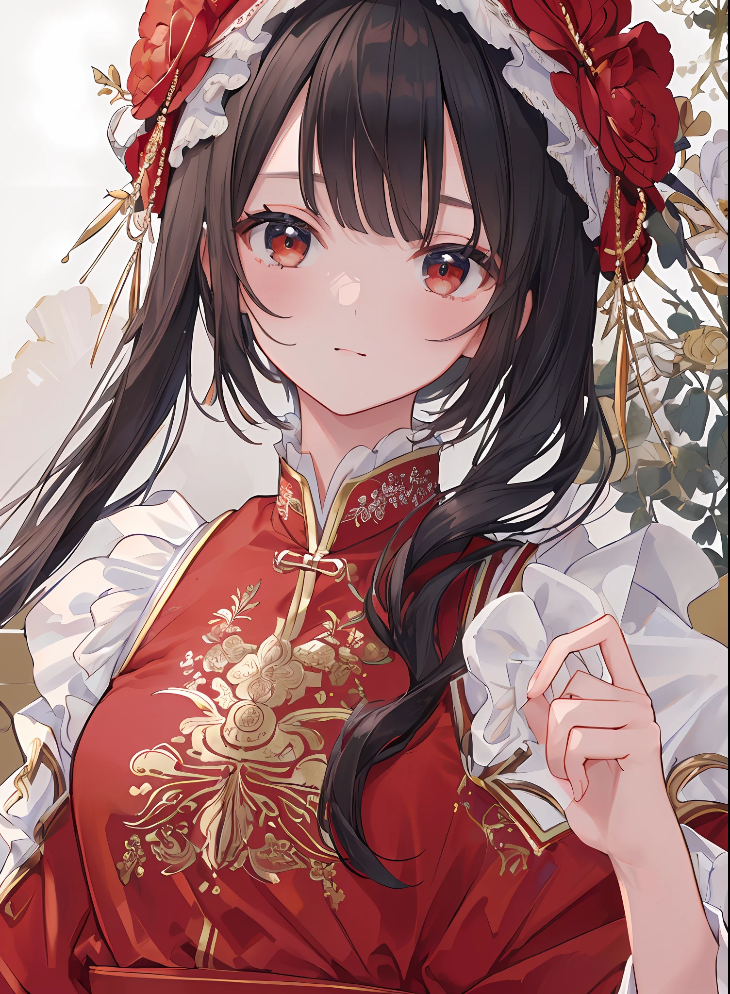 ((top quality, masterpiece, very delicate, highly detailed, 8k wallpaper, wonderful, detailed, masterpiece, highest quality, highly detailed, 8k wallpaper)), red china clothes, black hair,
