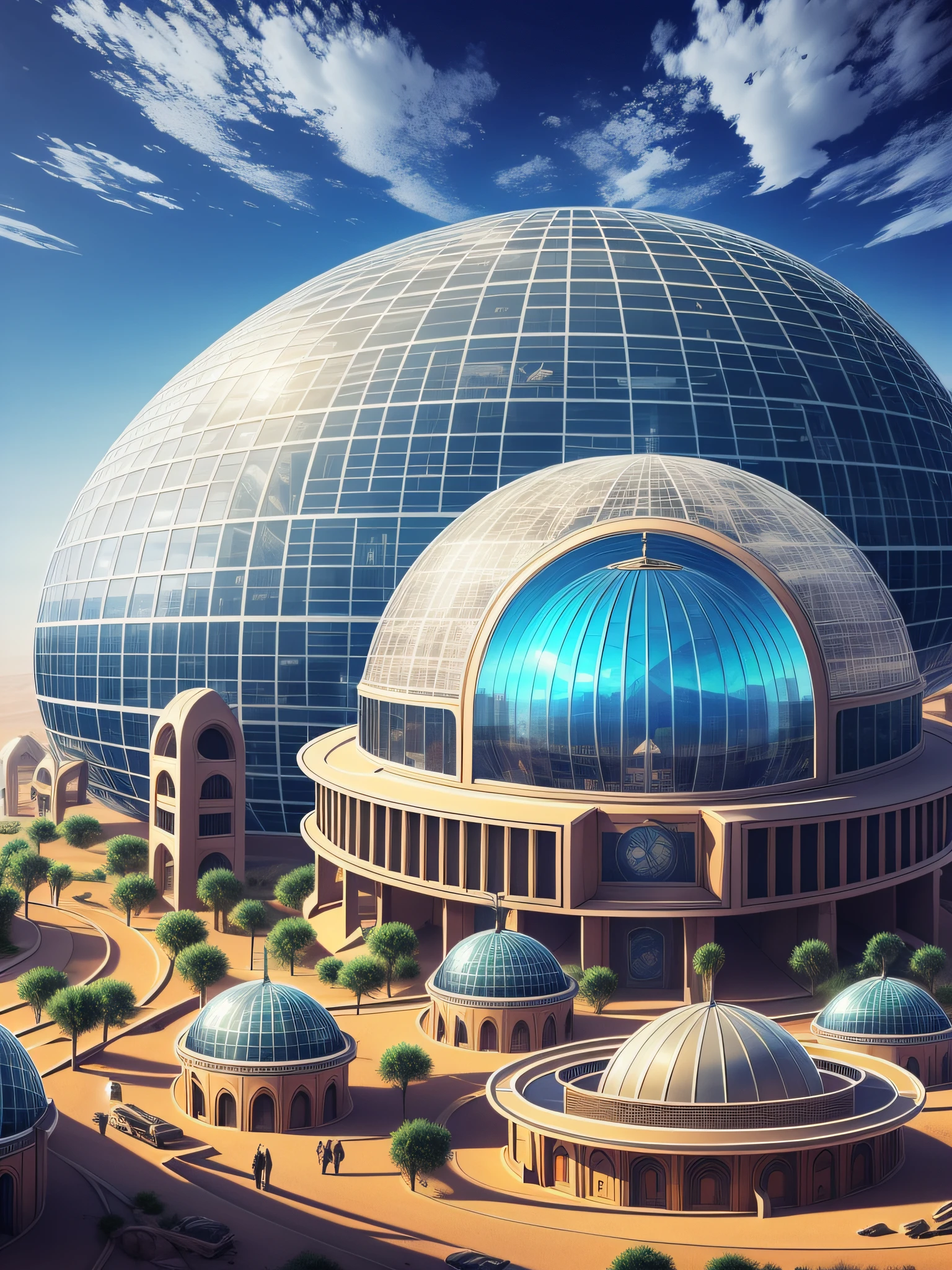futuristic city, fantasy, 24th century, desert, mountain, dome, shelter