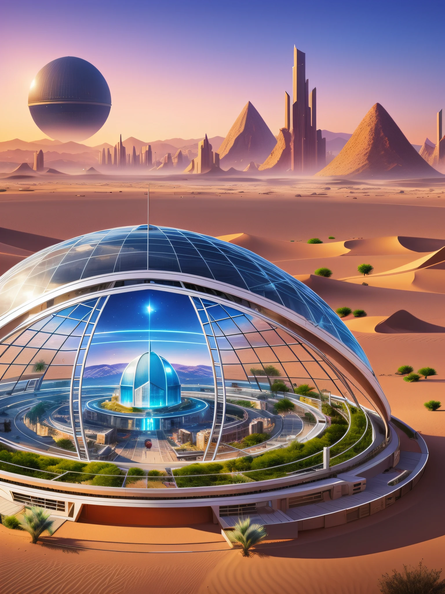 futuristic city, fantasy, 24th century, desert, mountain, dome, shelter