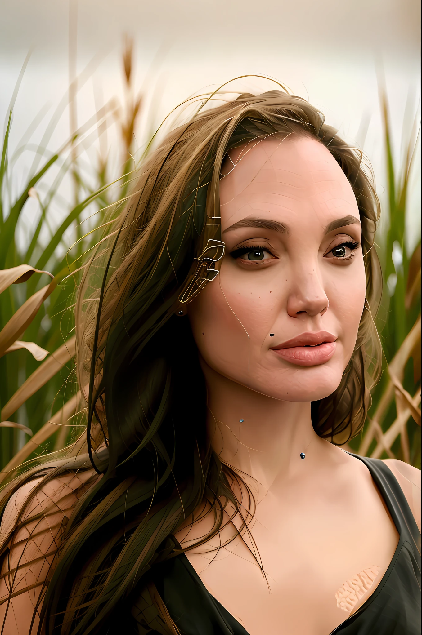 close-up portrait of a beautiful woman (Angelina Jolie) bathing in a river, reeds, (backlight), realistic, masterpiece, high quality, lens reflection, shadow, flower, [[chromatic aberration]], by Jeremy Lipking, by Antonio J. Manzanedo, digital painting,