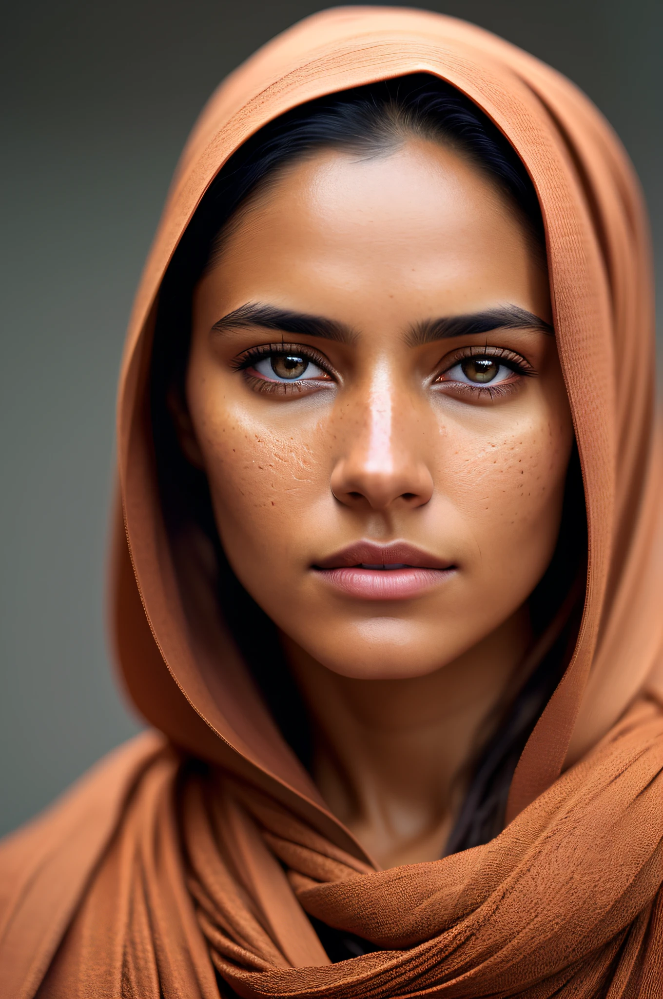 a photorealistic portrait of a stunningly beautiful woman without make-up, extremely detailed light hazel eyes, detailed symmetric realistic face, natural skin texture, extremely detailed skin with skin pores, peach fuzz, messy hair, wearing shawl over her head, masterpiece, absurdres, award winning photo by lee jeffries, nikon d850 film stock photograph, kodak portra 400 camera f1.6 lens, extremely detailed, amazing, fine detail, rich colors, hyper realistic lifelike texture, dramatic lighting, unrealengine, trending on artstation, cinestill 800 tungsten, looking at the viewer, photo realistic, RAW photo, TanvirTamim, high quality, highres, sharp focus, extremely detailed, cinematic lighting, 8k uhd