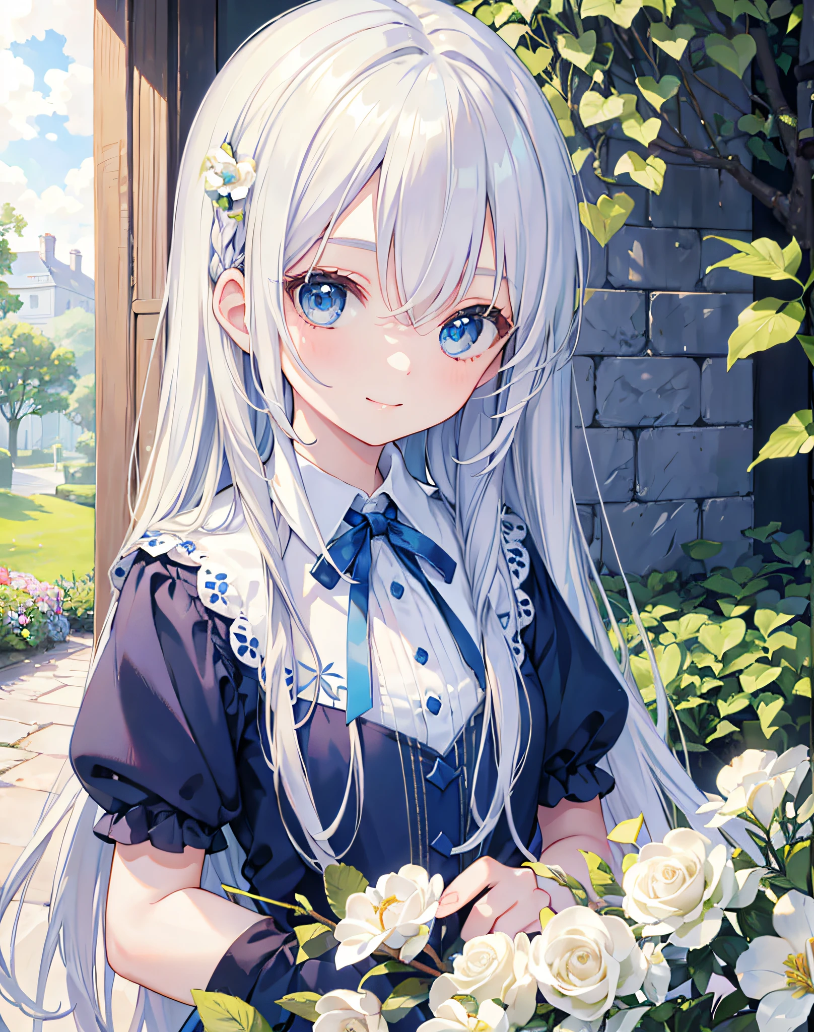 masterpiece, garden, blue sky, thin blonde hair, long hair, long eyelashes, blue eyes, smile, ribbon in hair, gentle expression, floral ornament, bangs bangs