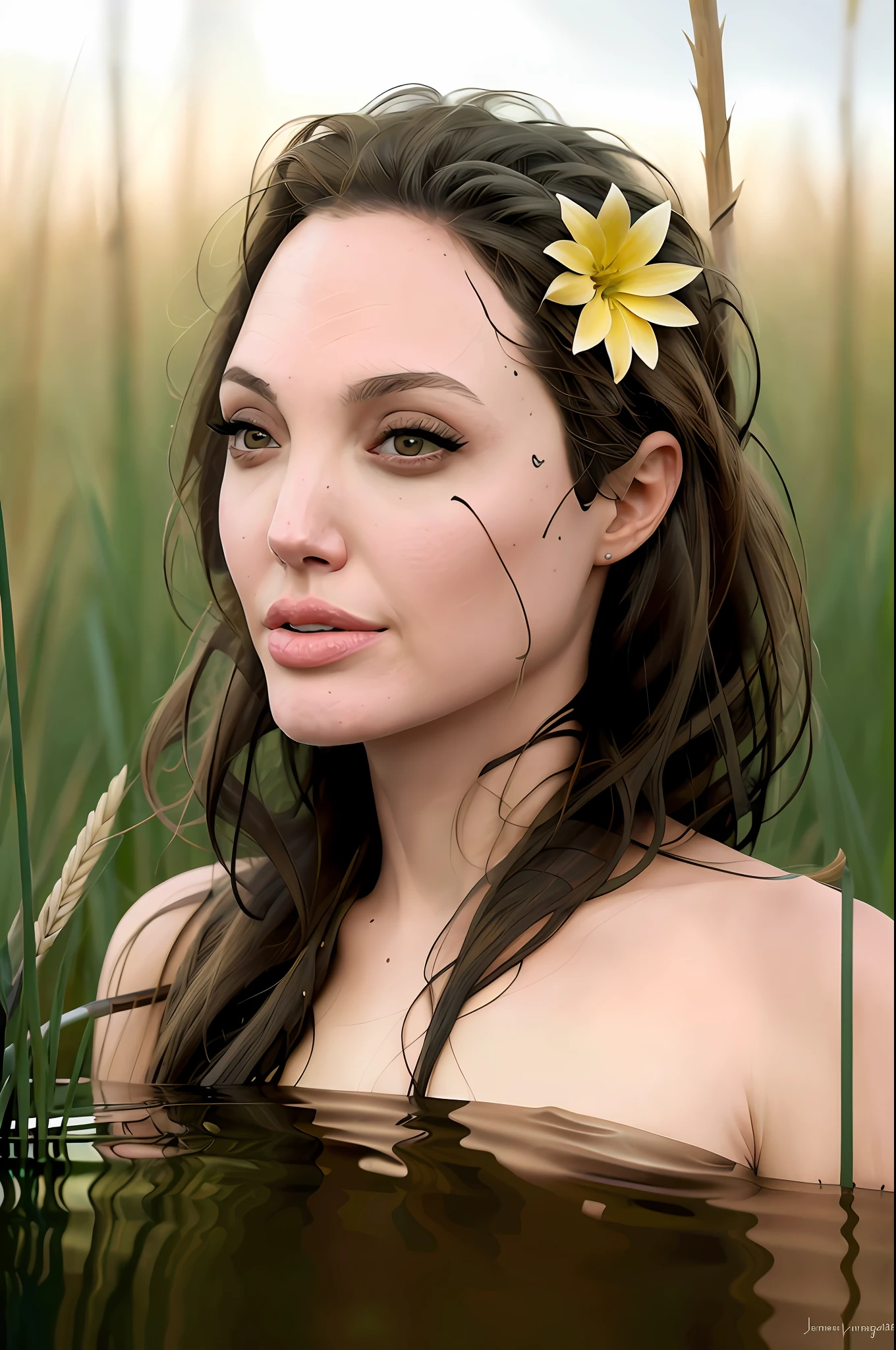 close-up portrait of a beautiful woman (Angelina Jolie) bathing in a river, reeds, (backlight), realistic, masterpiece, high quality, lens reflection, shadow, flower, [[chromatic aberration]], by Jeremy Lipking, by Antonio J. Manzanedo, digital painting,