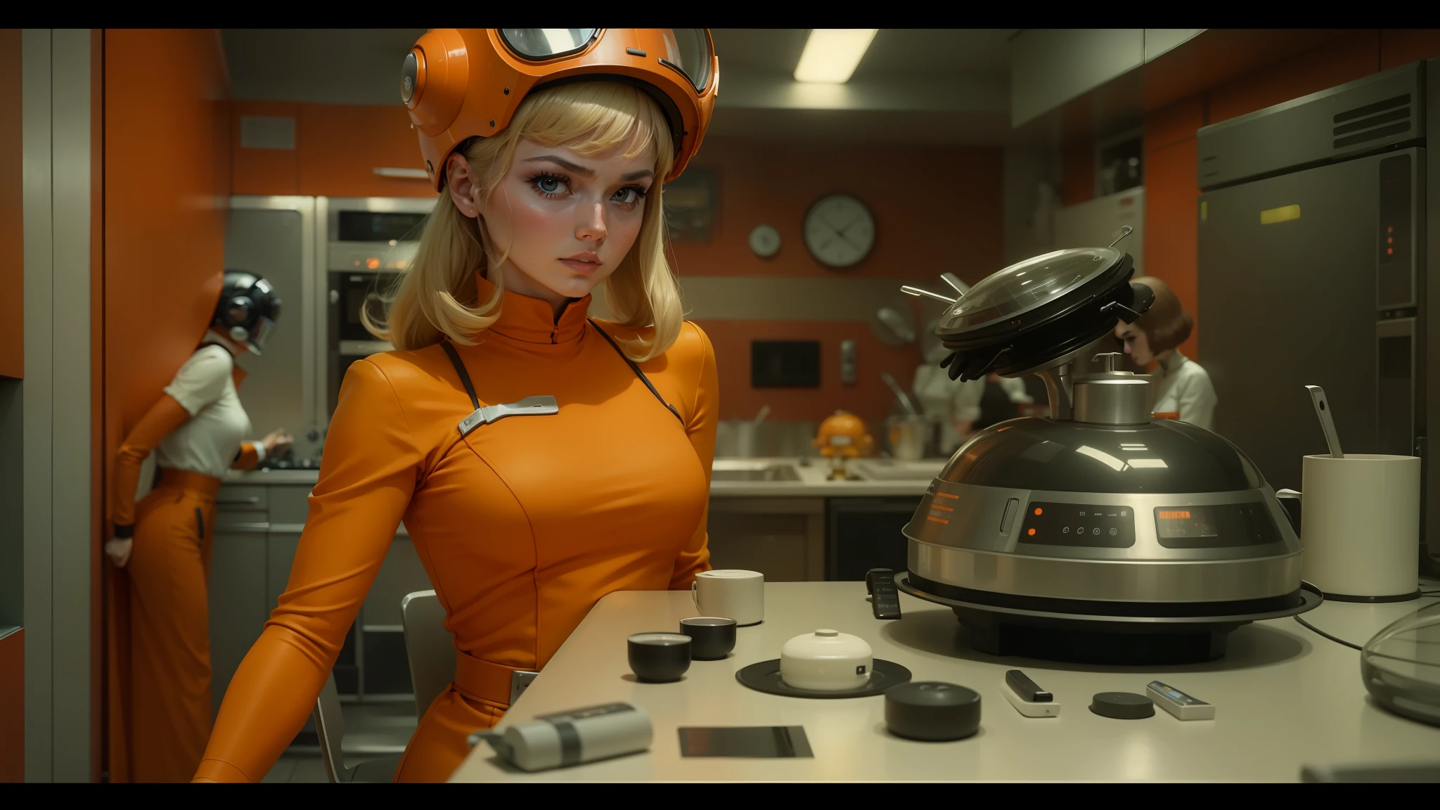 a close up of a woman in an orange dress standing in a kitchen, retrofuturism sci - fi old movie, yelena belova, yayoi kasuma, server in the middle, panasonic, sixties pinup, user interface design, barbarella, filmed in the style of john toll, cheburashka, daft punk, for 1 9 7 0 s'sci - fi --auto --s2