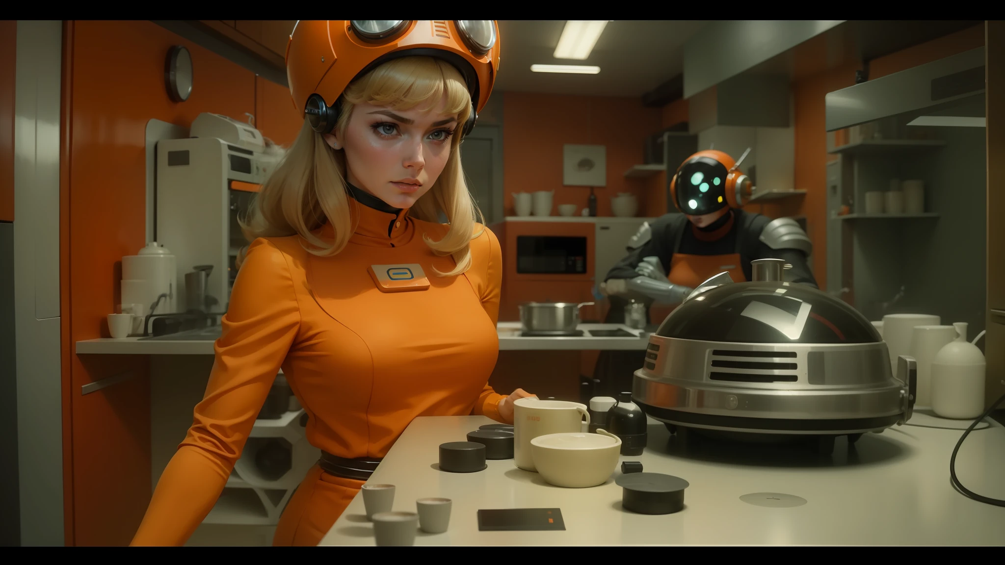 a close up of a woman in an orange dress standing in a kitchen, retrofuturism sci - fi old movie, yelena belova, yayoi kasuma, server in the middle, panasonic, sixties pinup, user interface design, barbarella, filmed in the style of john toll, cheburashka, daft punk, for 1 9 7 0 s'sci - fi --auto --s2