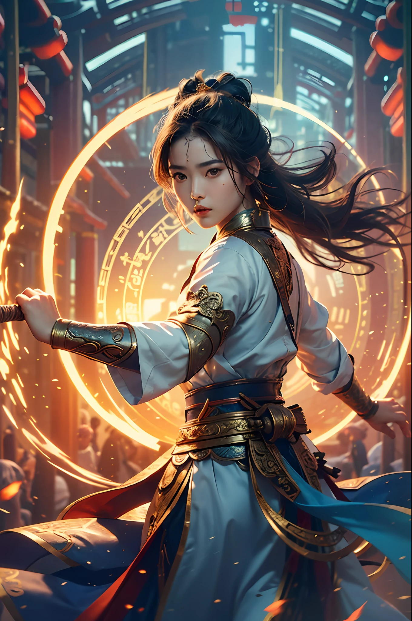 Best Quality, Masterpiece, Ultra High Resolution, (Realistic: 1.4), Xiu Xian, Weapon, Detail Face, 1 Girl, Solo, Weapon, (Magic Circle: 1.2), Xiu Xian, Upper Body, Interact with People, Sharp Eyes, Beautiful Girl, Full Body, East Asian Architecture, Sheath, Architecture,