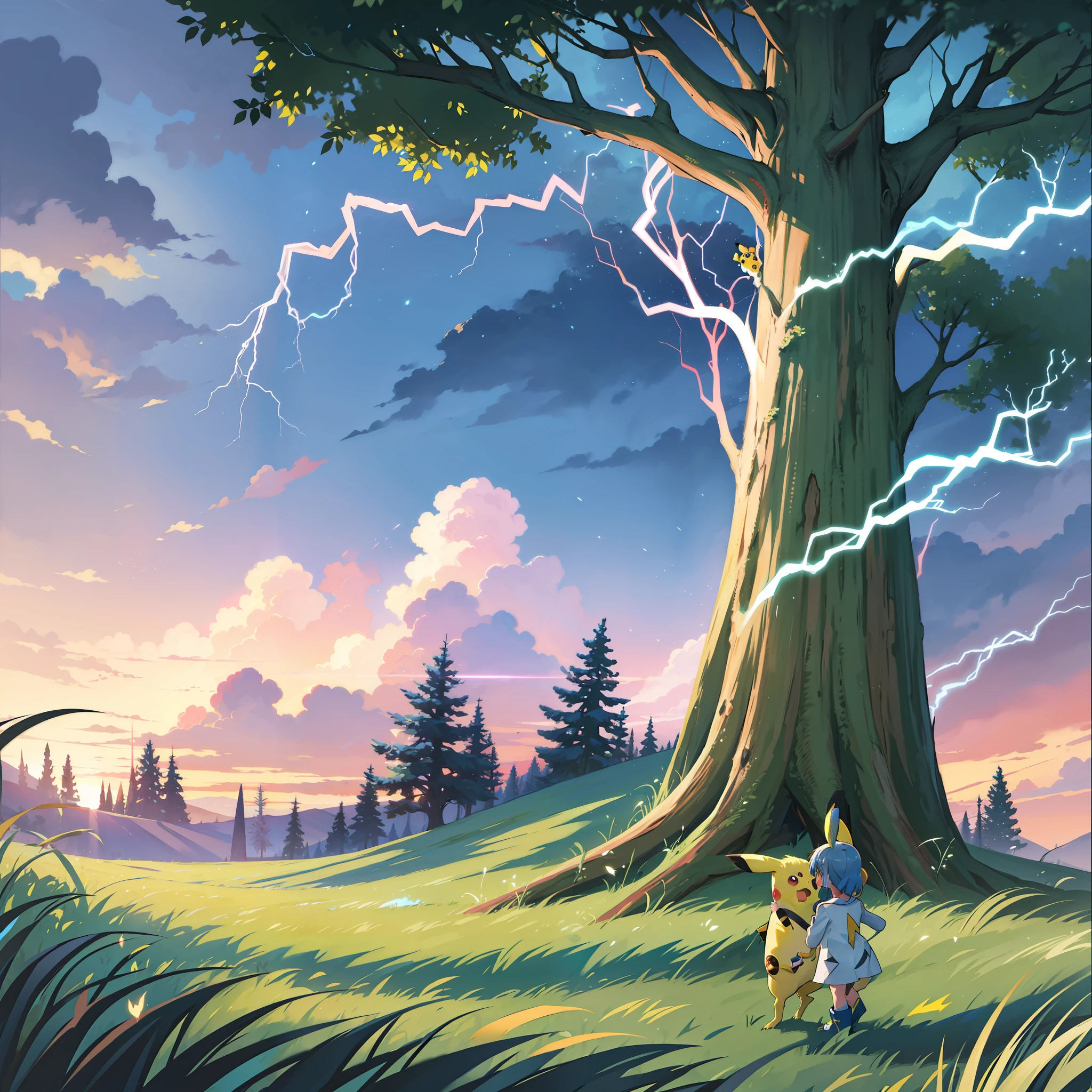 Help me draw a Pikachu, standing on a warm prairie with a big tree behind it, and it glows blue lightning. Then there is a red flame overhead, 4K Ultra HD. The anime style is dominated by Pokémon.