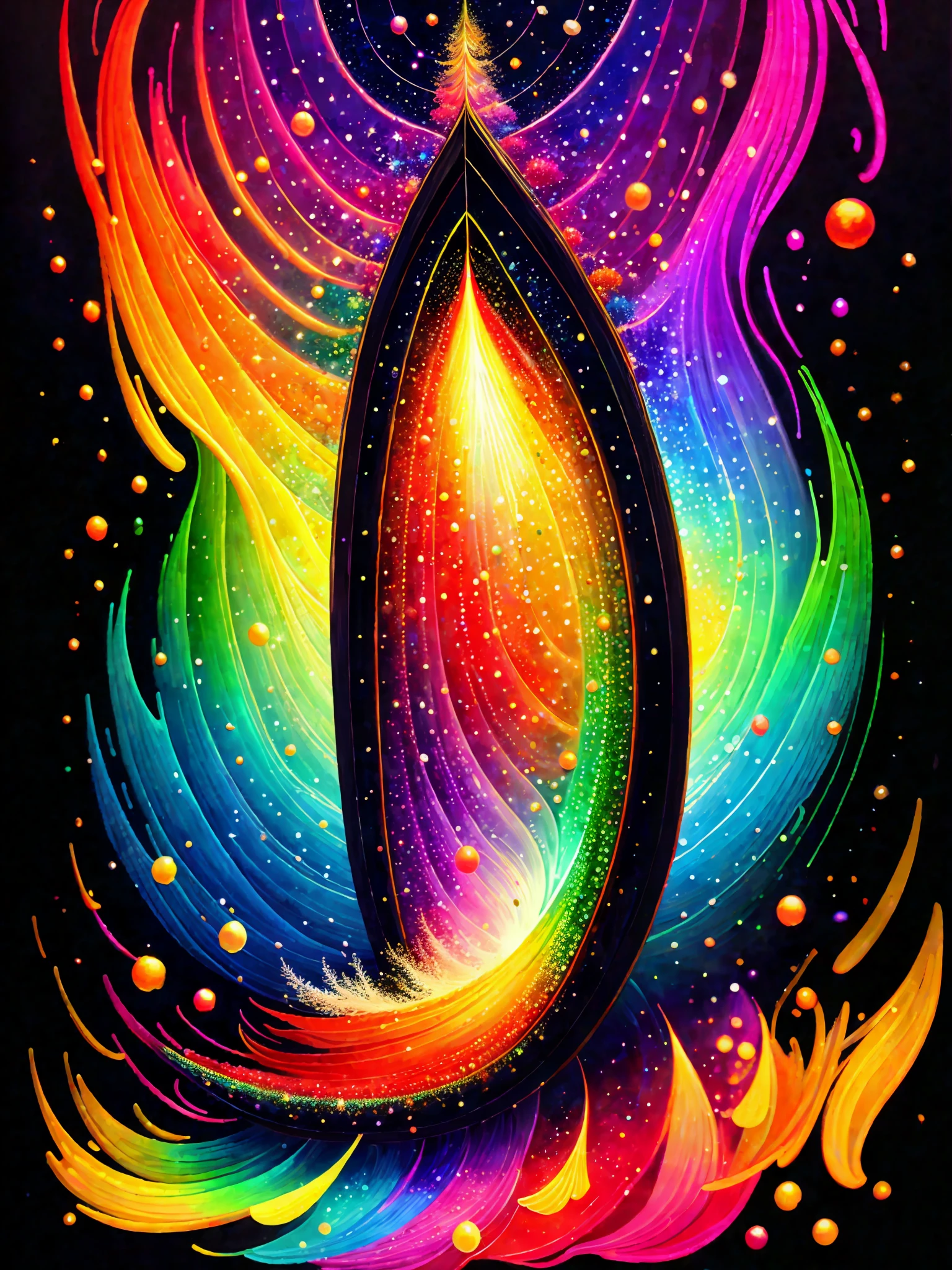 a painting of a colorful umabaleia on a black background,, breathtaking rendering, within a radiant connection, inspired by Kinuko Y. Craft,, magical elements, drops of colors, wow, is beautiful, casting a multi colorful spell, bright flash, flash
