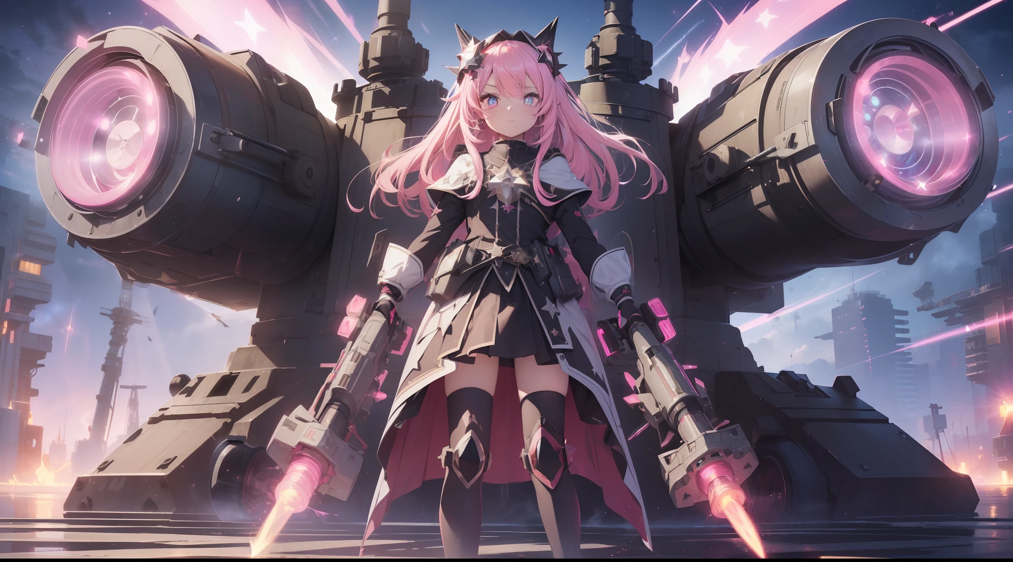 (((masterpiece))),((ultra detailed,best quality, highres, cinematic lighting, twinkle,glitter,lens flare,light particles,shiningtoned, 8k wallpaper, beautiful Clothes,)),fullbody,fullbodyshot (1 girl)((pink hair, long hair,straight hair))(two side up, green eyes),eyeshadow, eyeliner,glow eyes, hyper detailed eyes, intricate eyes, beautiful eyes, best lighting, detailed eyes,((star-shaped pupils,glowing pink pupils))10-year-old girl (white background)huge cool (((Gatling hammer)))in hands, huge cool weapon machine, mecha, mechanism, machine, open stance,Girl Maid clothes uniform,Scouter