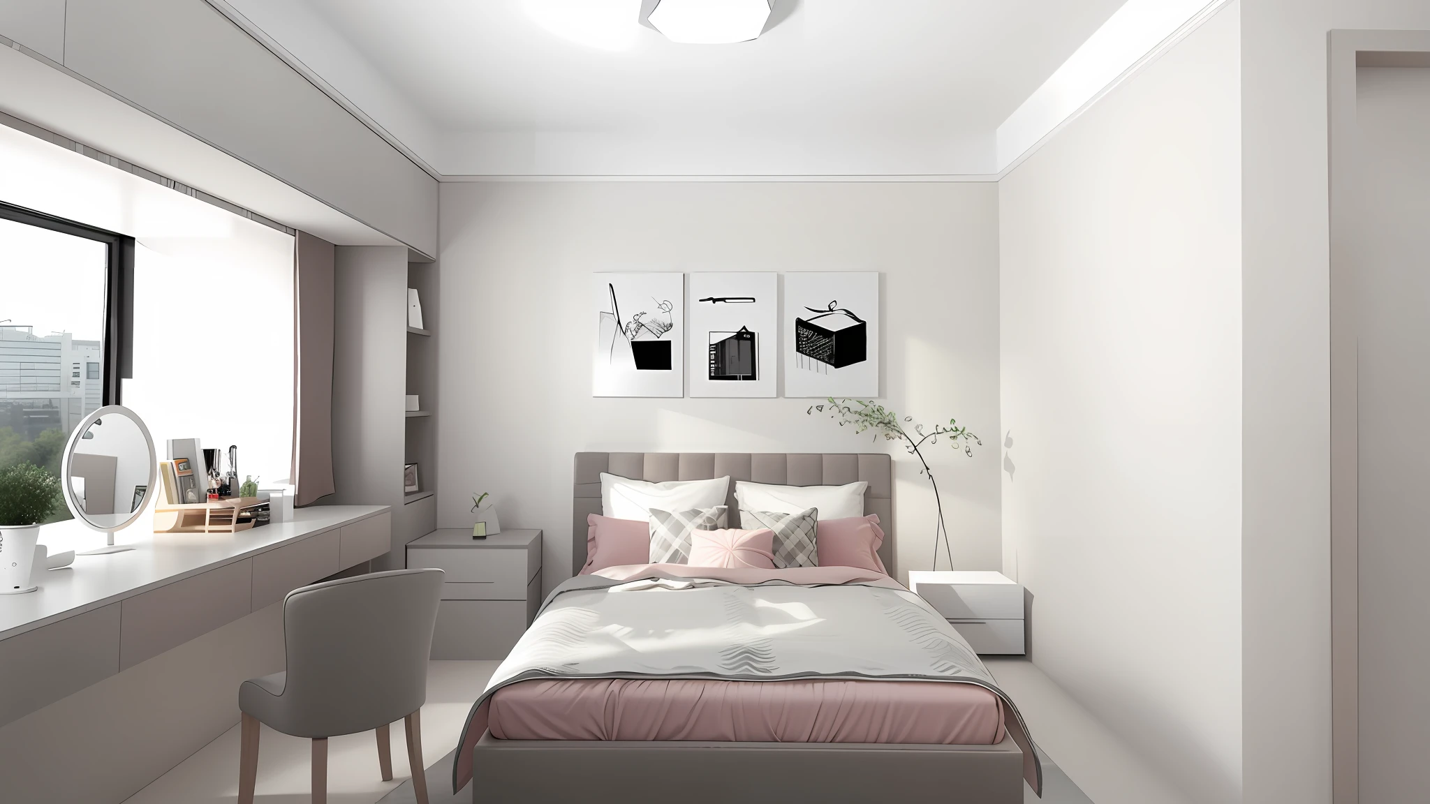 There is a bed with pink quilt and white desk, modern minimalism f 2 0, high quality 3d rendering, high quality 3 d rendering, small bedroom, realistic 3 d style, bedroom, bright rendering, architectural visualization, modern minimalism f 2 0 clean, shocking 3 d rendering, 3d rendering style, 3 d style The lighting effect of this picture is not very good, please hit a very atmospheric light with sunlight coming in, and add some bright greenery