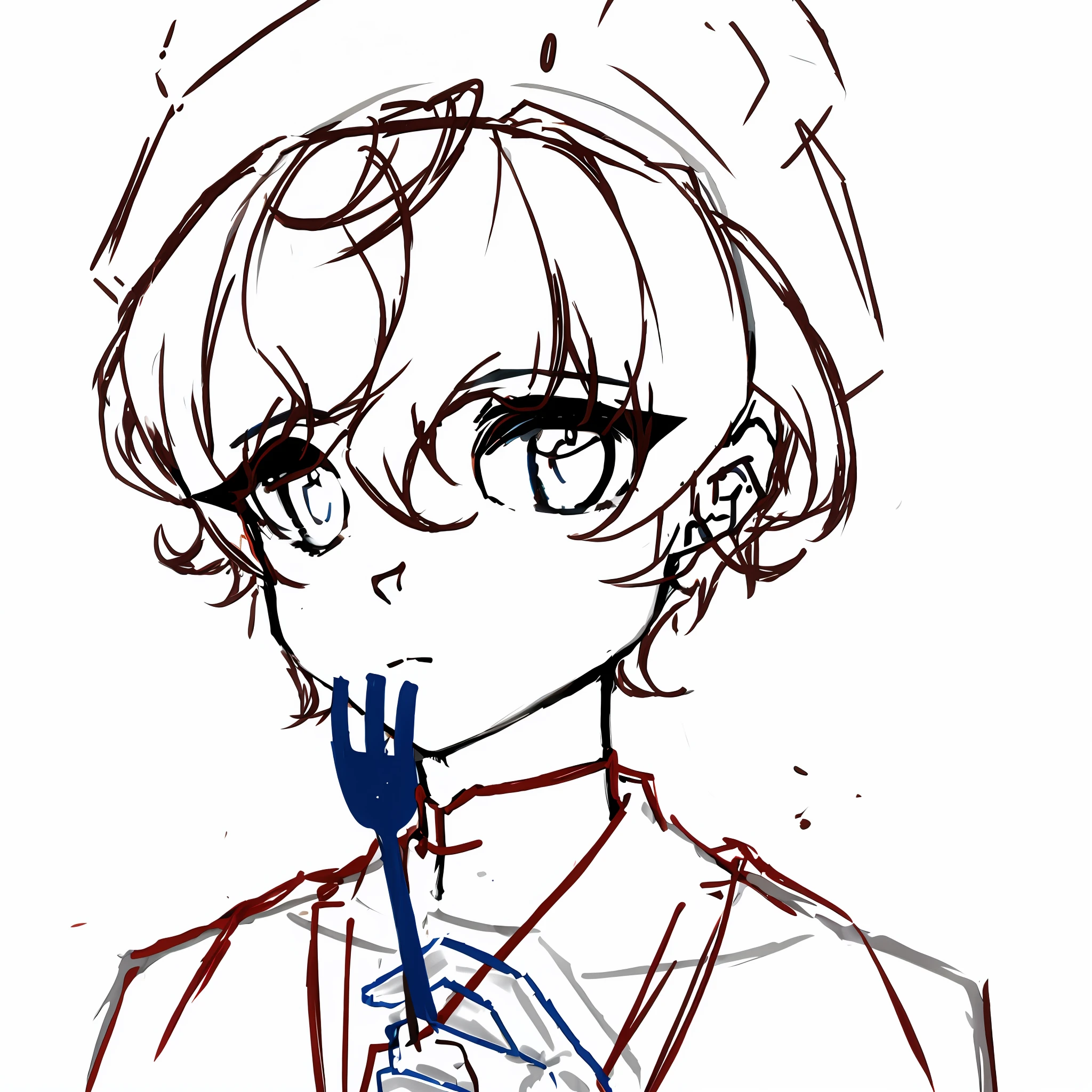 Draw a man in a tie and hat, delicate prince, anime style, with fork, 2 D anime style, eating cake, bust portrait